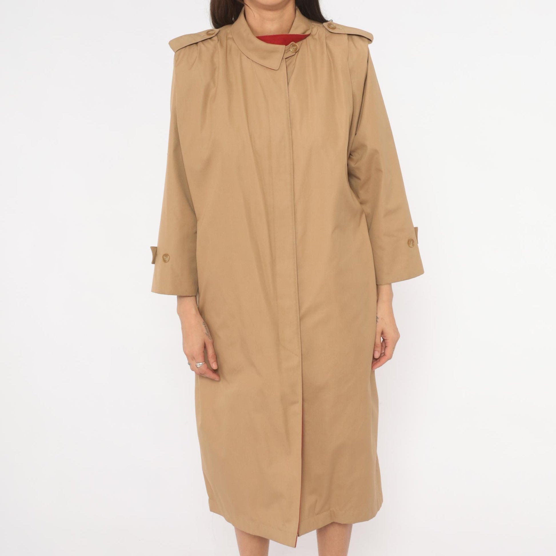 80s Tan Trench Coat Red Lined Button Front Epaulette Knee Length Large L