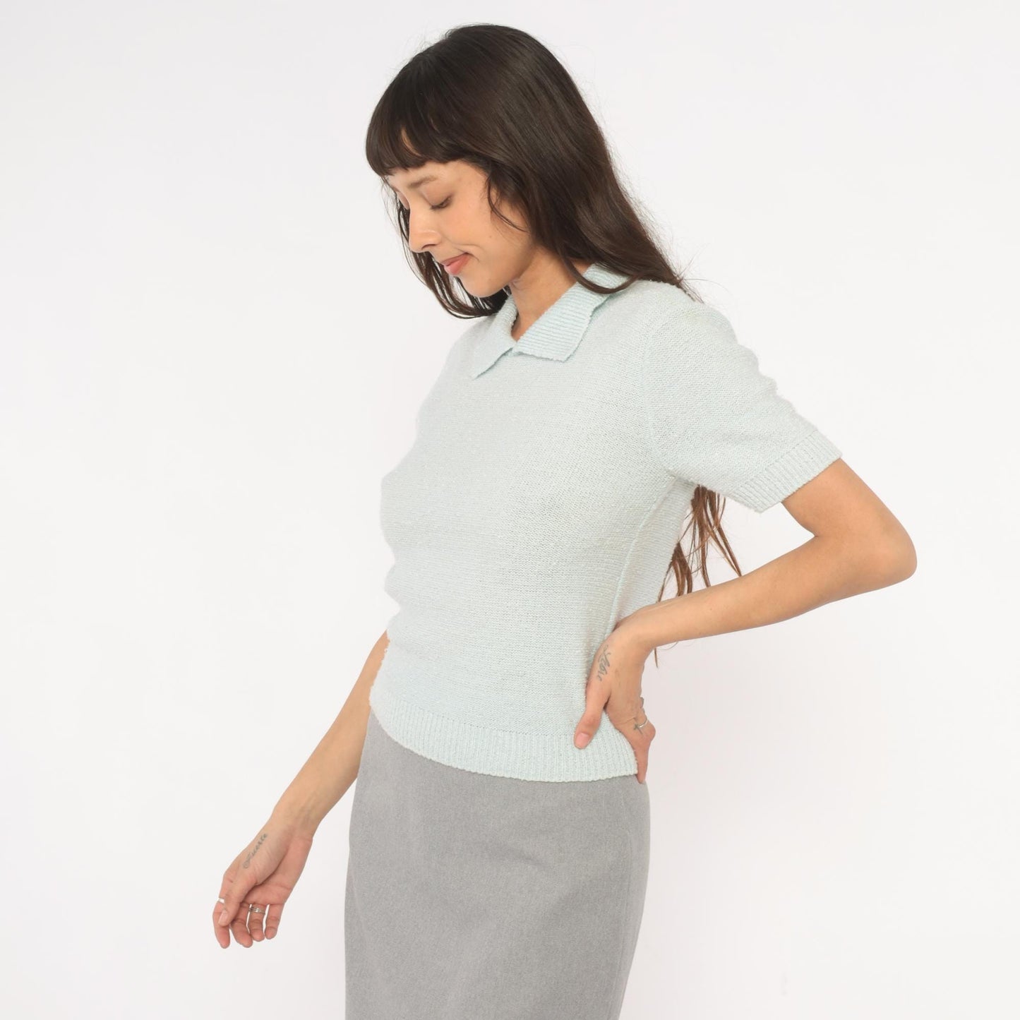 70s Chris Ann Mint Knit Polo V-Neck Collared Pullover Small S