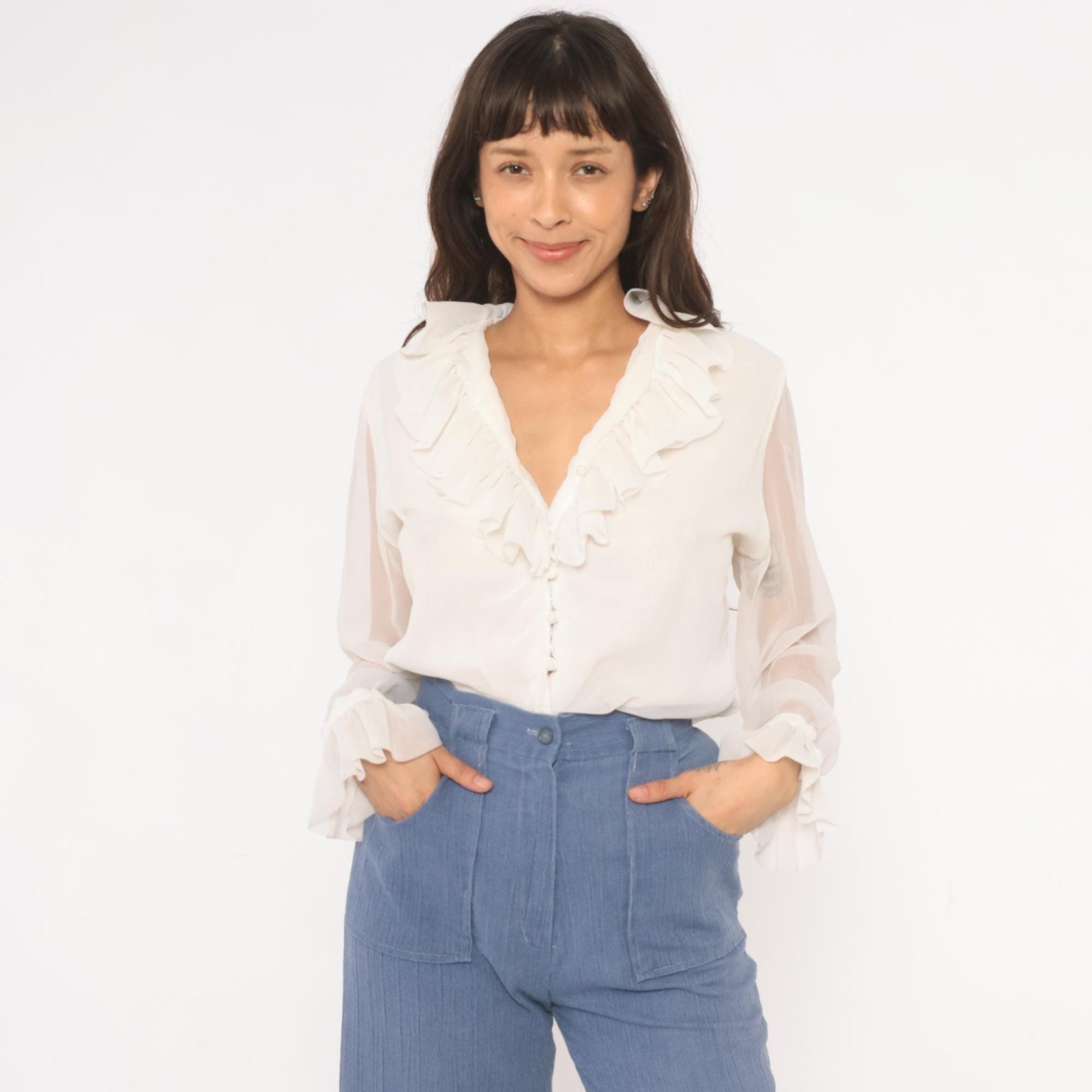 70s Gregory Ruffle Collar Blouse Ivory V-Neck Button Front Sheer Sleeve Medium