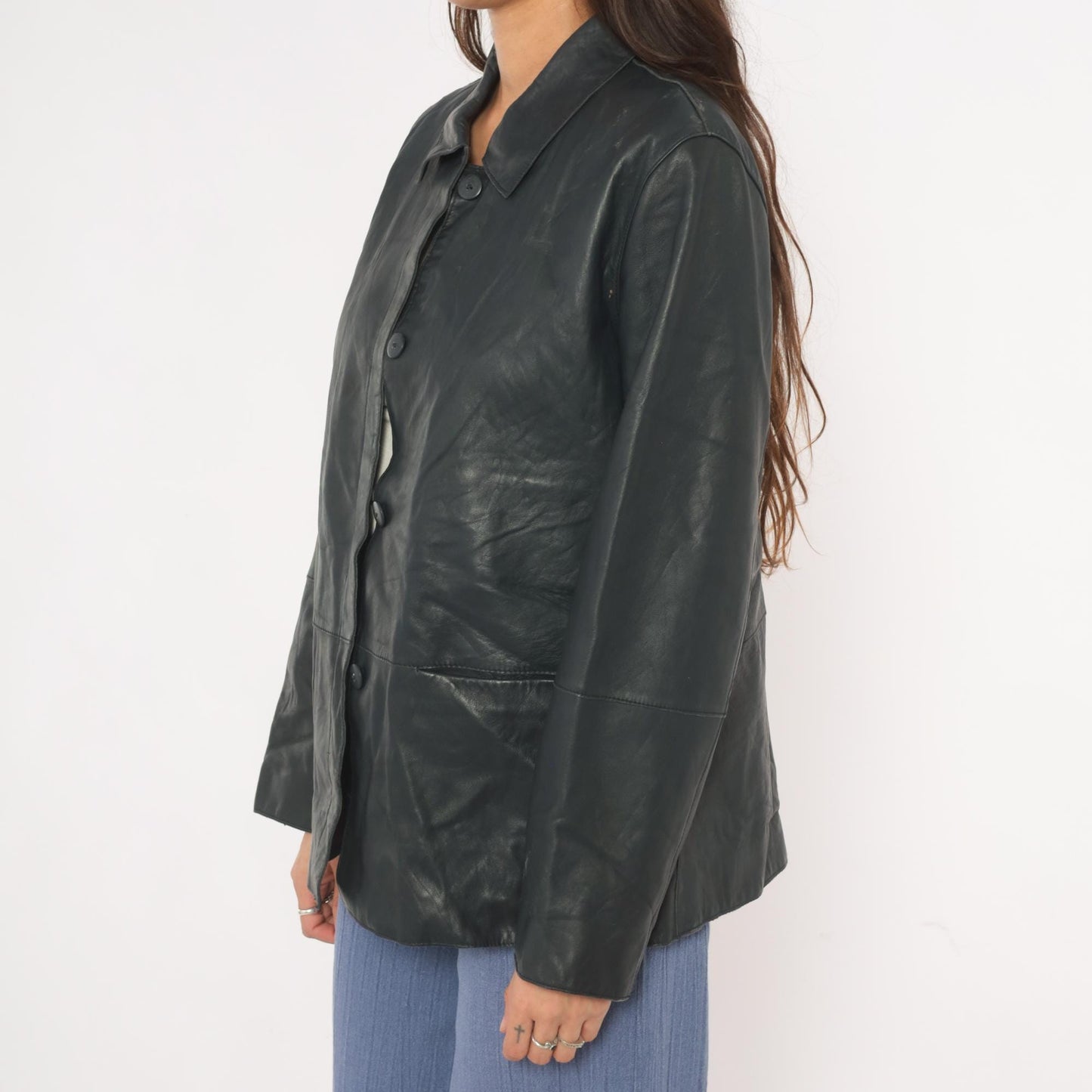 90s Katherine Kelly Black Lambskin Leather Jacket Button Front Large L