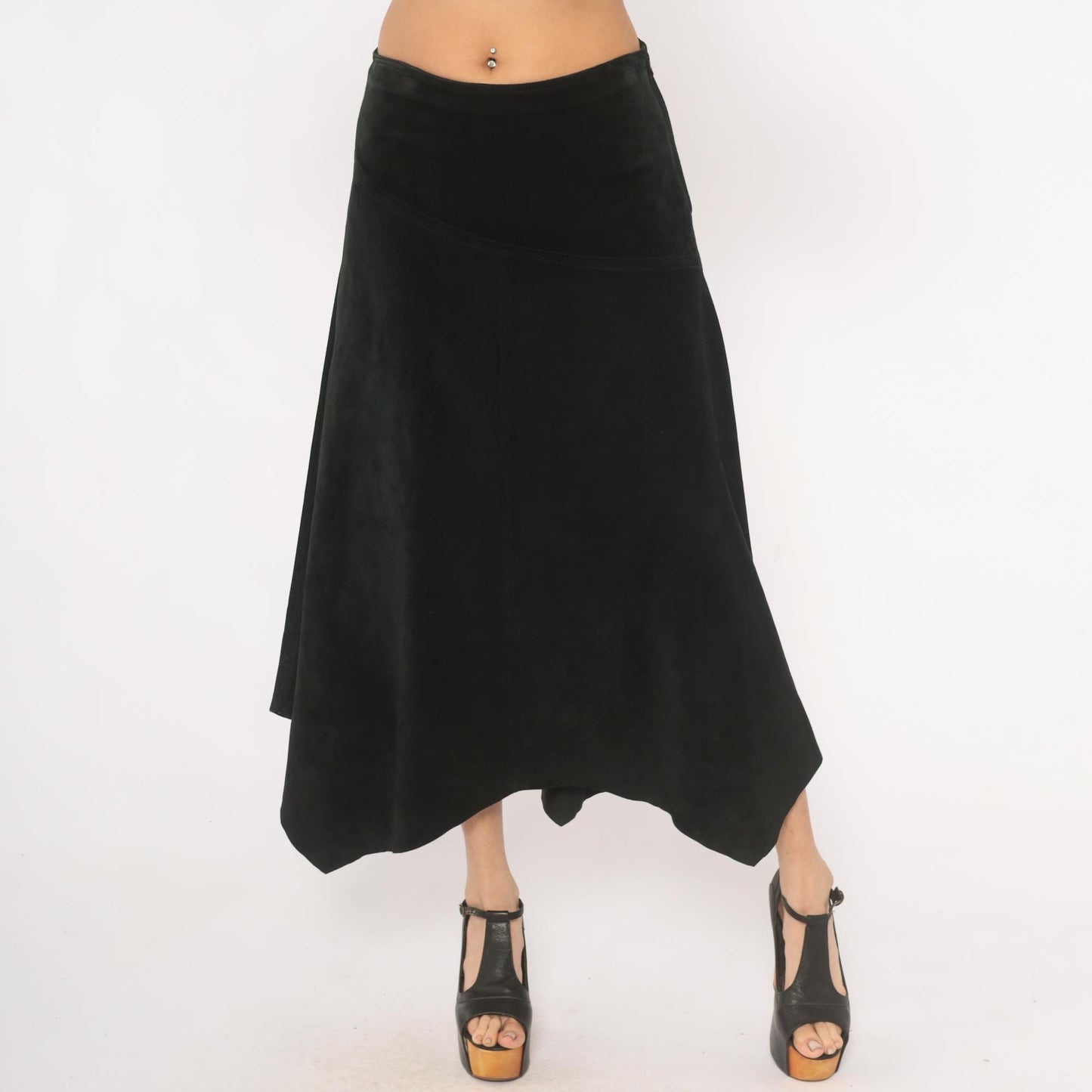90s Provence Black Suede Midi Skirt Asymmetrical Handkerchief Hem High Waist Small