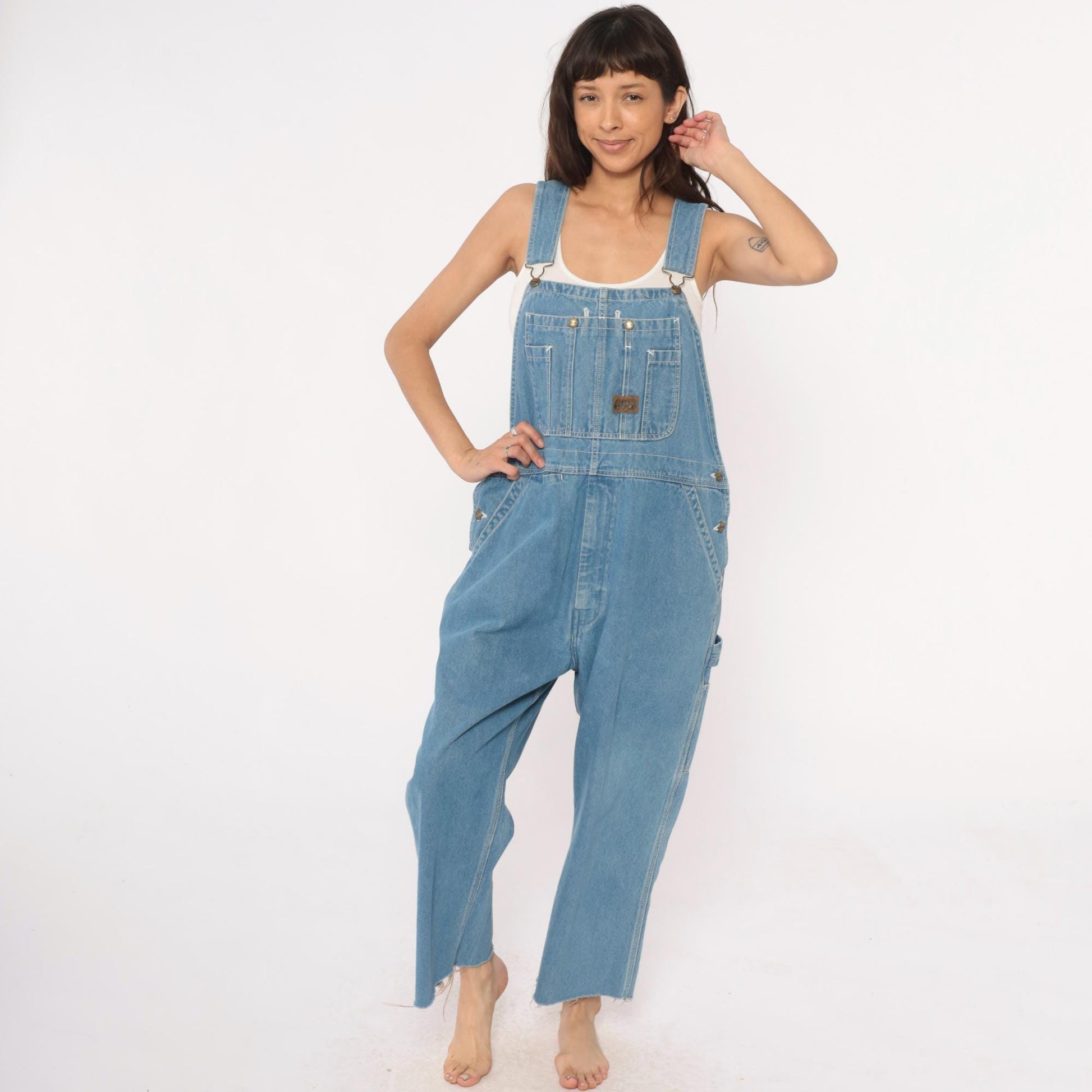 Y2K Big Smith Light Wash Denim Overalls Wide Leg Frayed Hem Medium