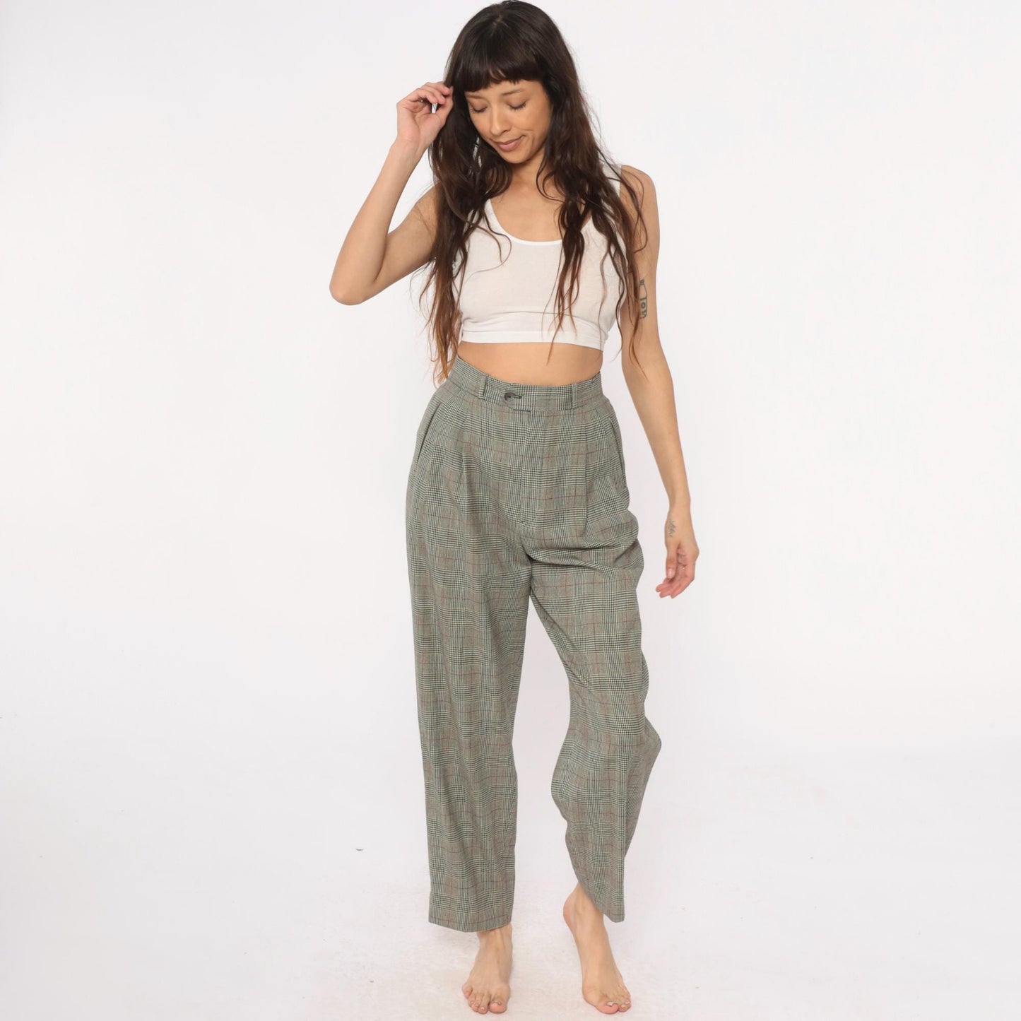 80s Barry Bricken Wool Plaid High-Waisted Trousers Grey Small S