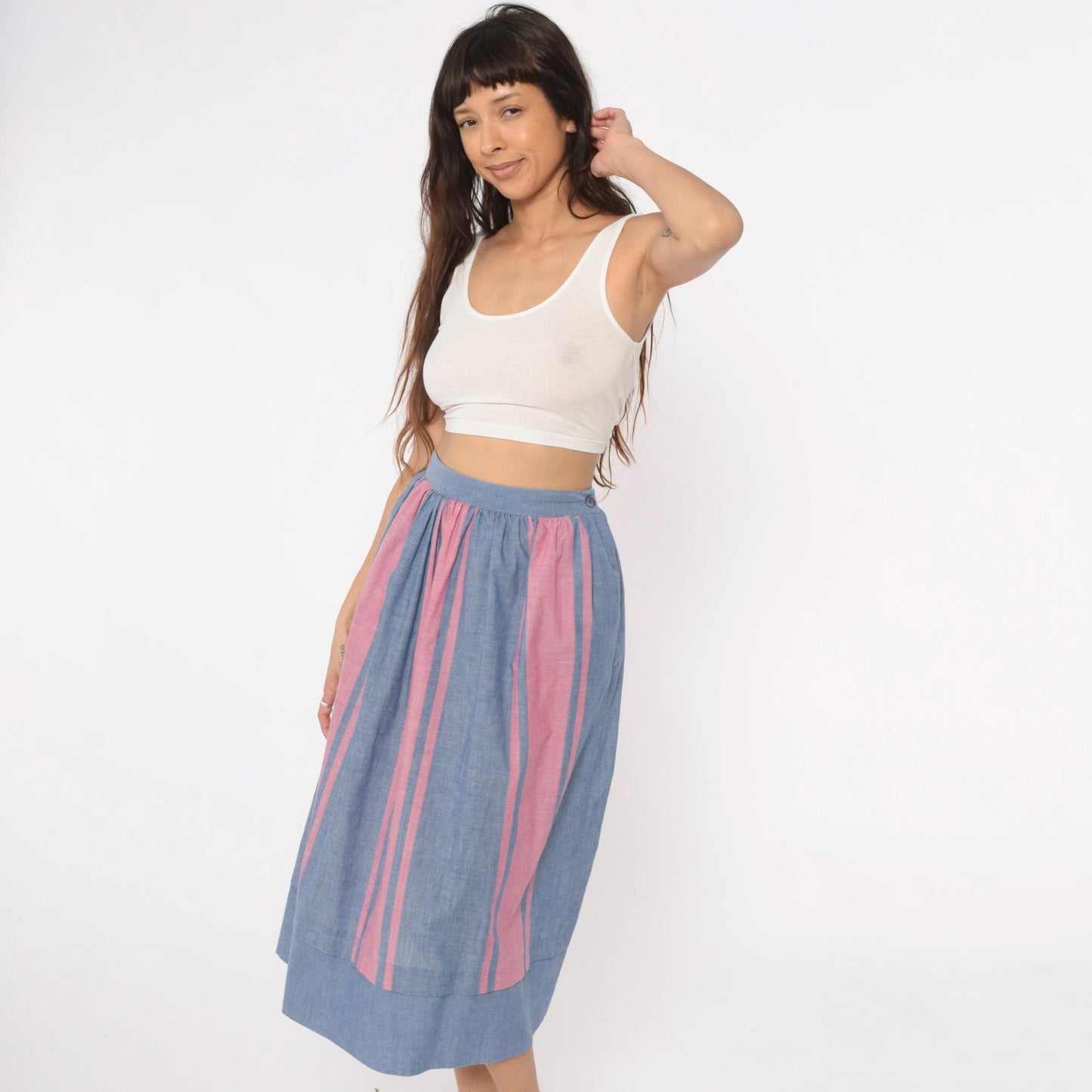 80s Blue Pink Striped Midi Skirt High Waist Gathered Full Skirt Small S
