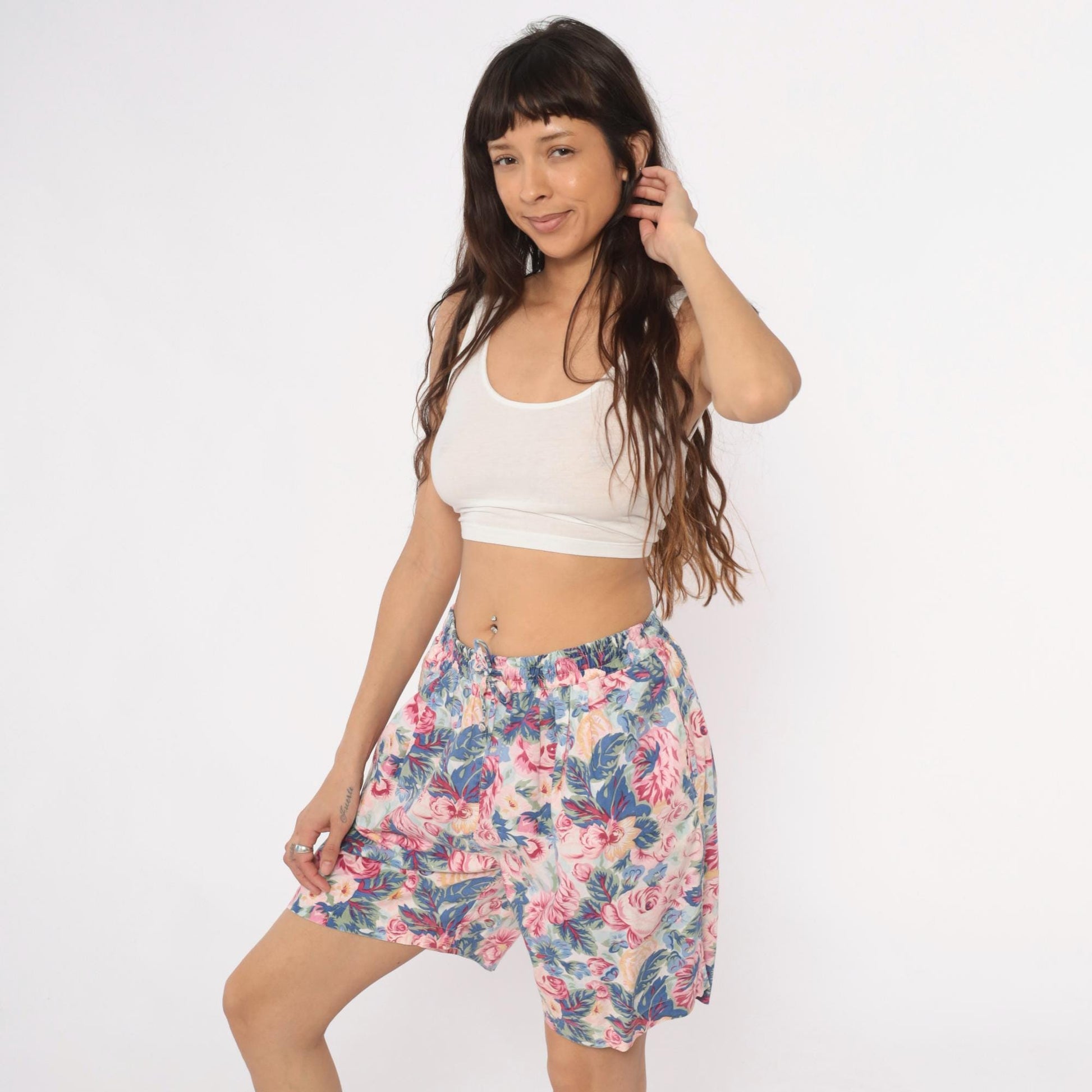 90s Kikimi Sketches Floral Shorts High Waist Wide Leg Cream Cotton Medium M
