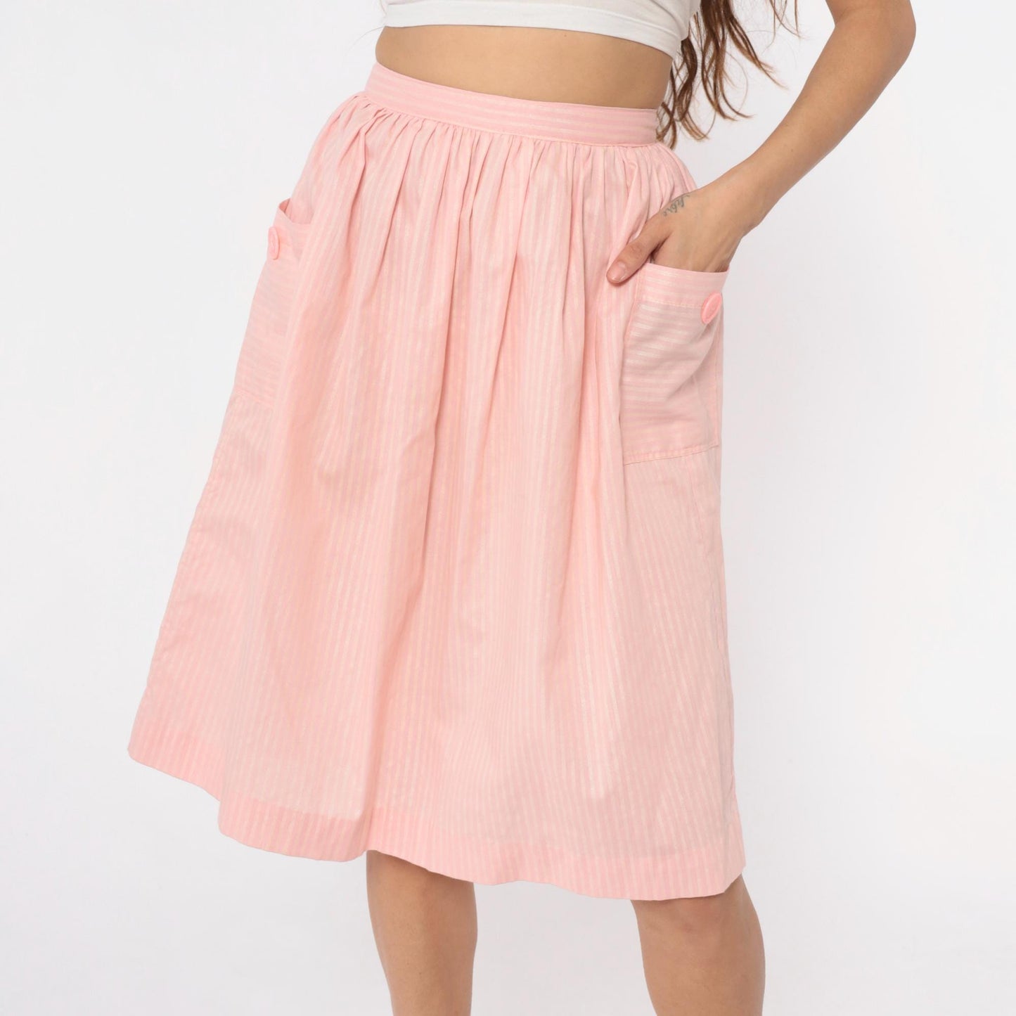 60s Pink Striped Cotton Skirt High Waist Pleated Knee Length Extra Small XS