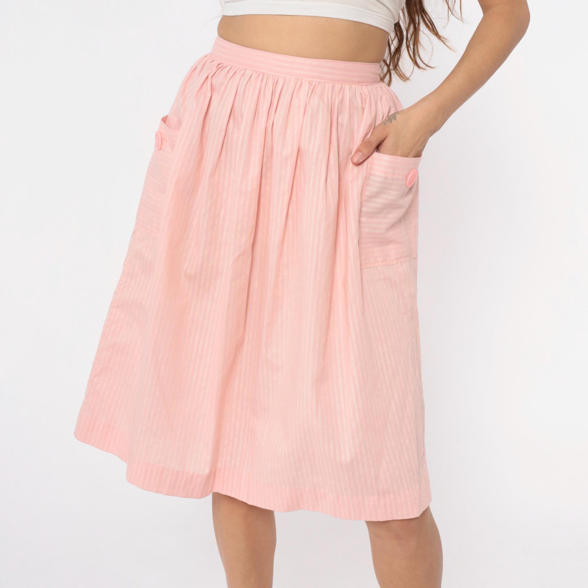 60s Pink Striped Cotton Skirt High Waist Pleated Knee Length Extra Small XS