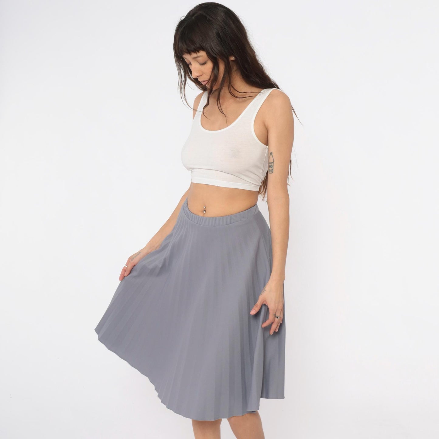 70s Grey Pleated Skirt Elastic Waist Knee-Length A-Line Medium