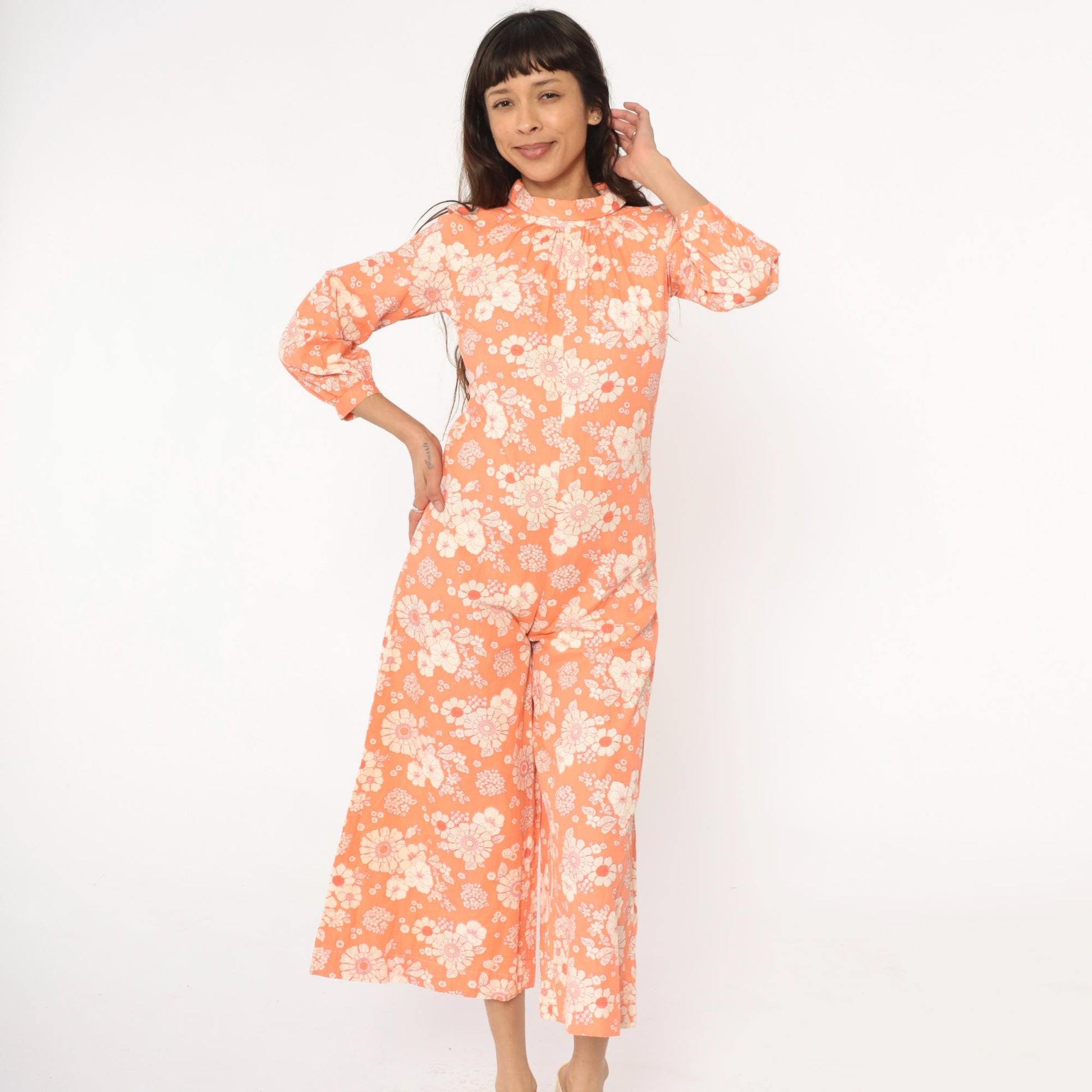 70s Orange Floral Jumpsuit Mock Neck Wide Leg Cream White Cotton Small