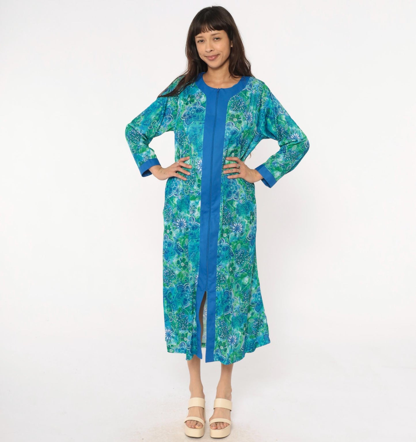 90s Botanical Print Maxi Robe Blue Green Zip Front Long Sleeve Medium M