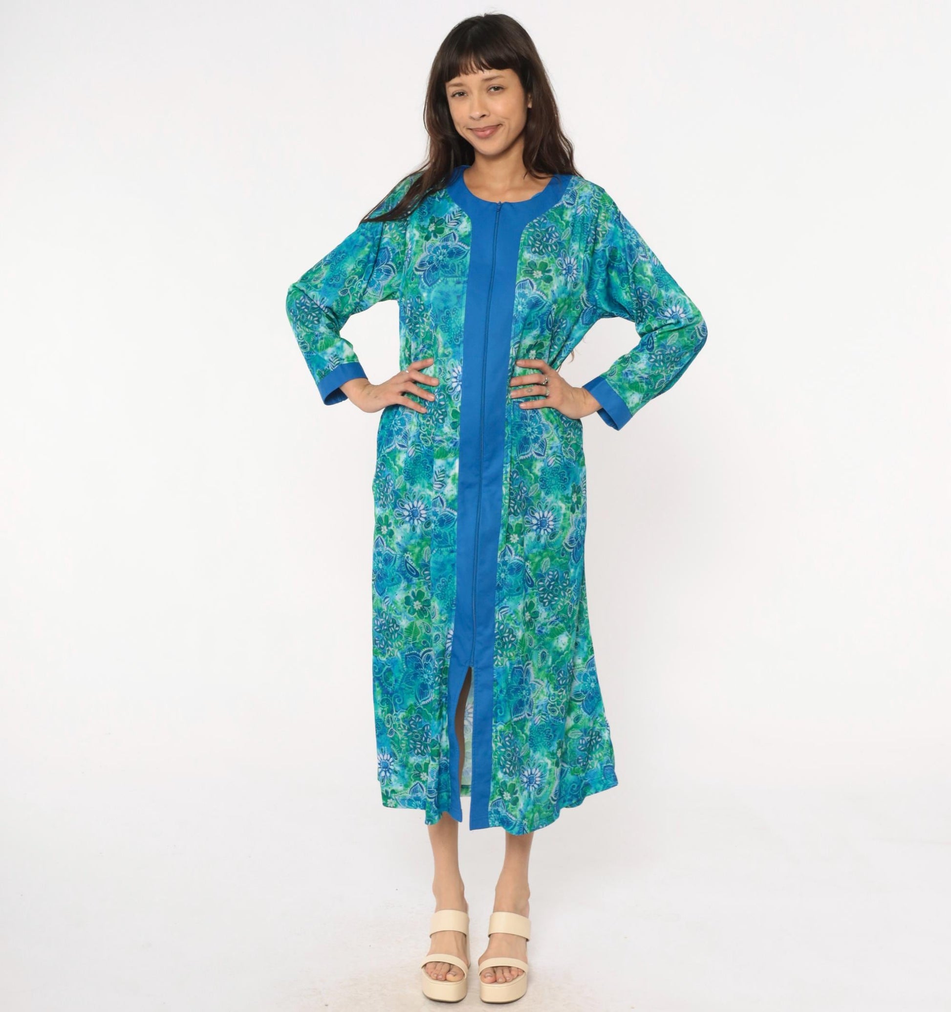 90s Botanical Print Maxi Robe Blue Green Zip Front Long Sleeve Medium M
