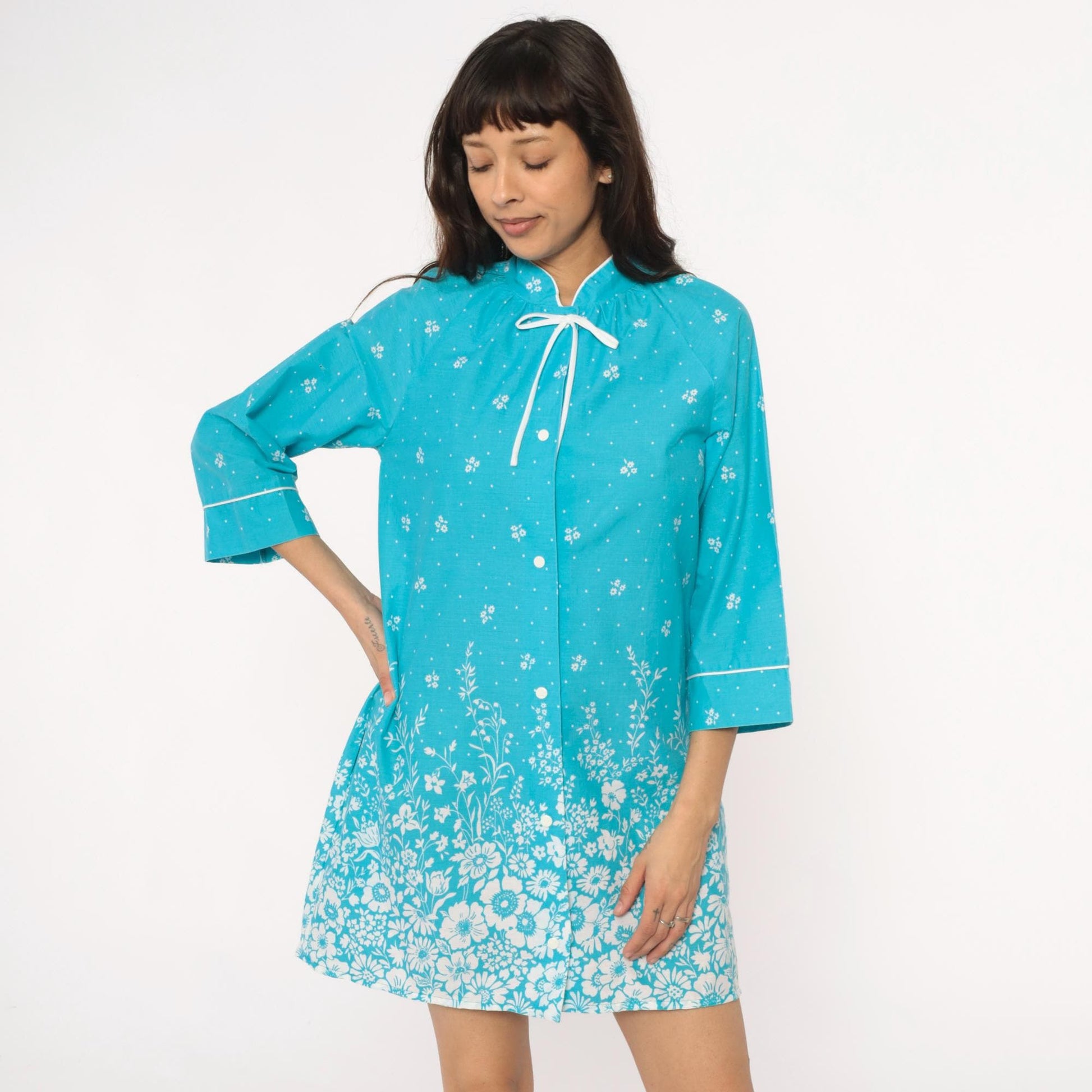 80s Dan Ellen Turquoise Floral Shift Dress Mandarin Collar Small
