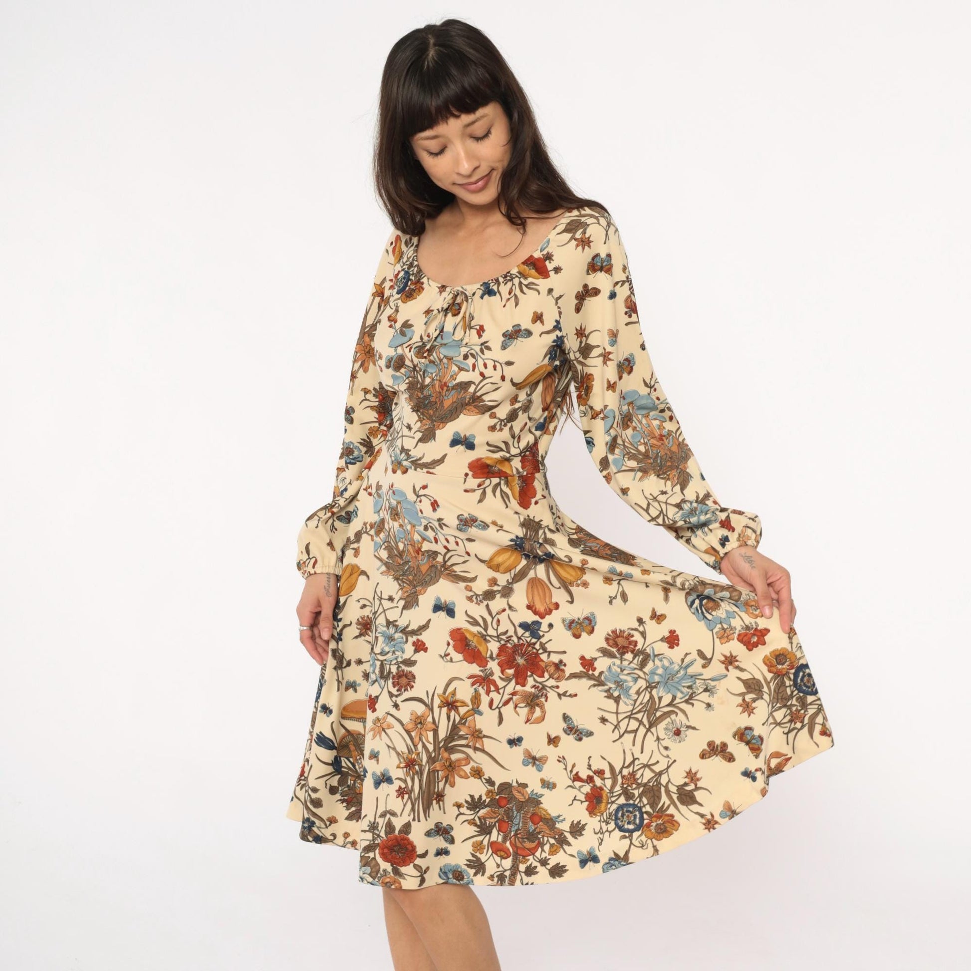 70s Mushroom Butterfly Floral Dress Cream Drawstring Peasant Small