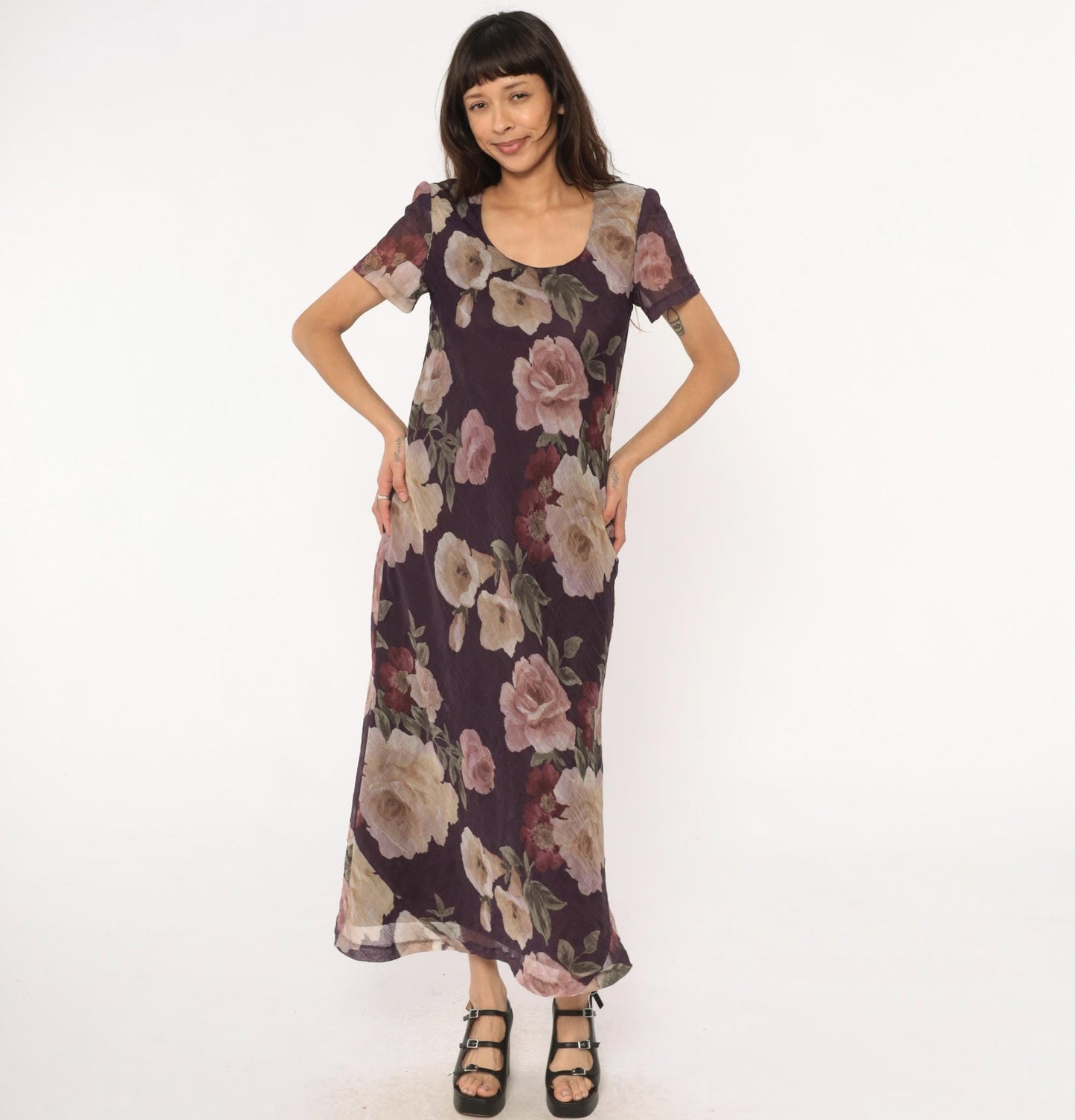 90s Jessica Howard Floral Maxi Dress Purple Rose Print Short Sleeve Medium