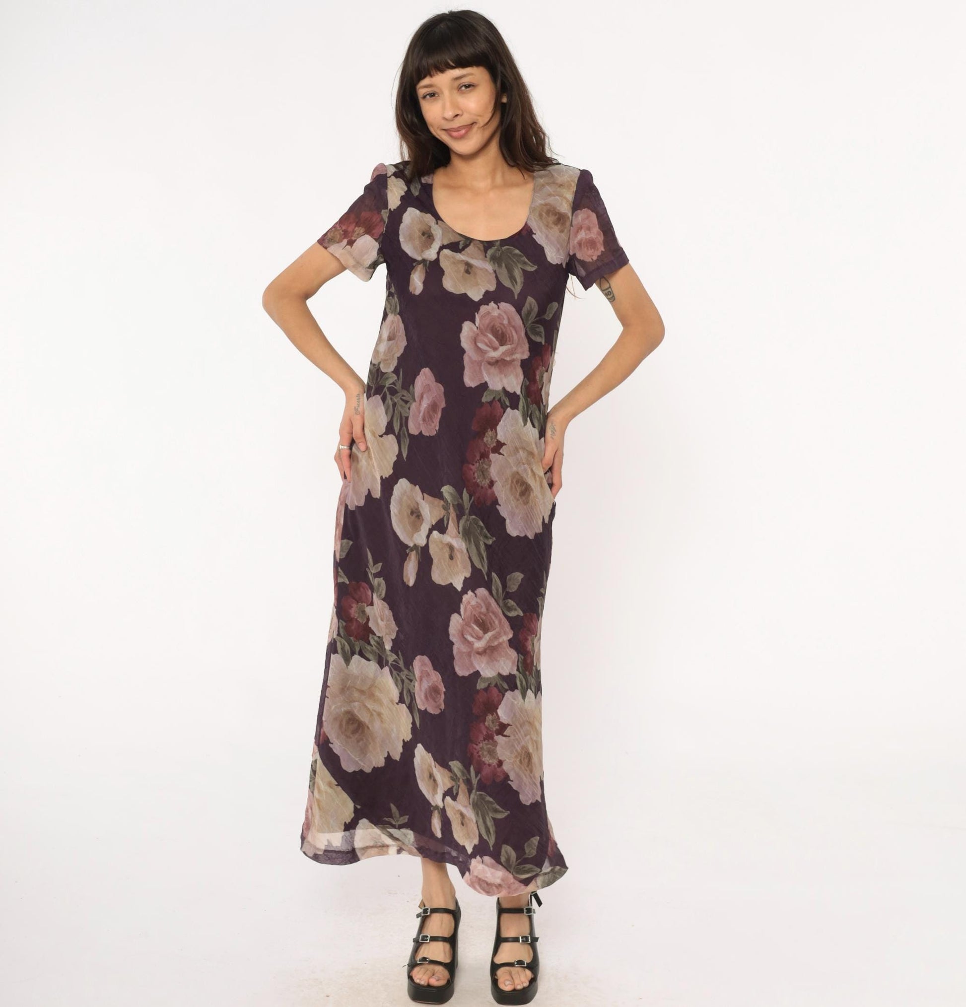 90s Jessica Howard Floral Maxi Dress Purple Rose Print Short Sleeve Medium