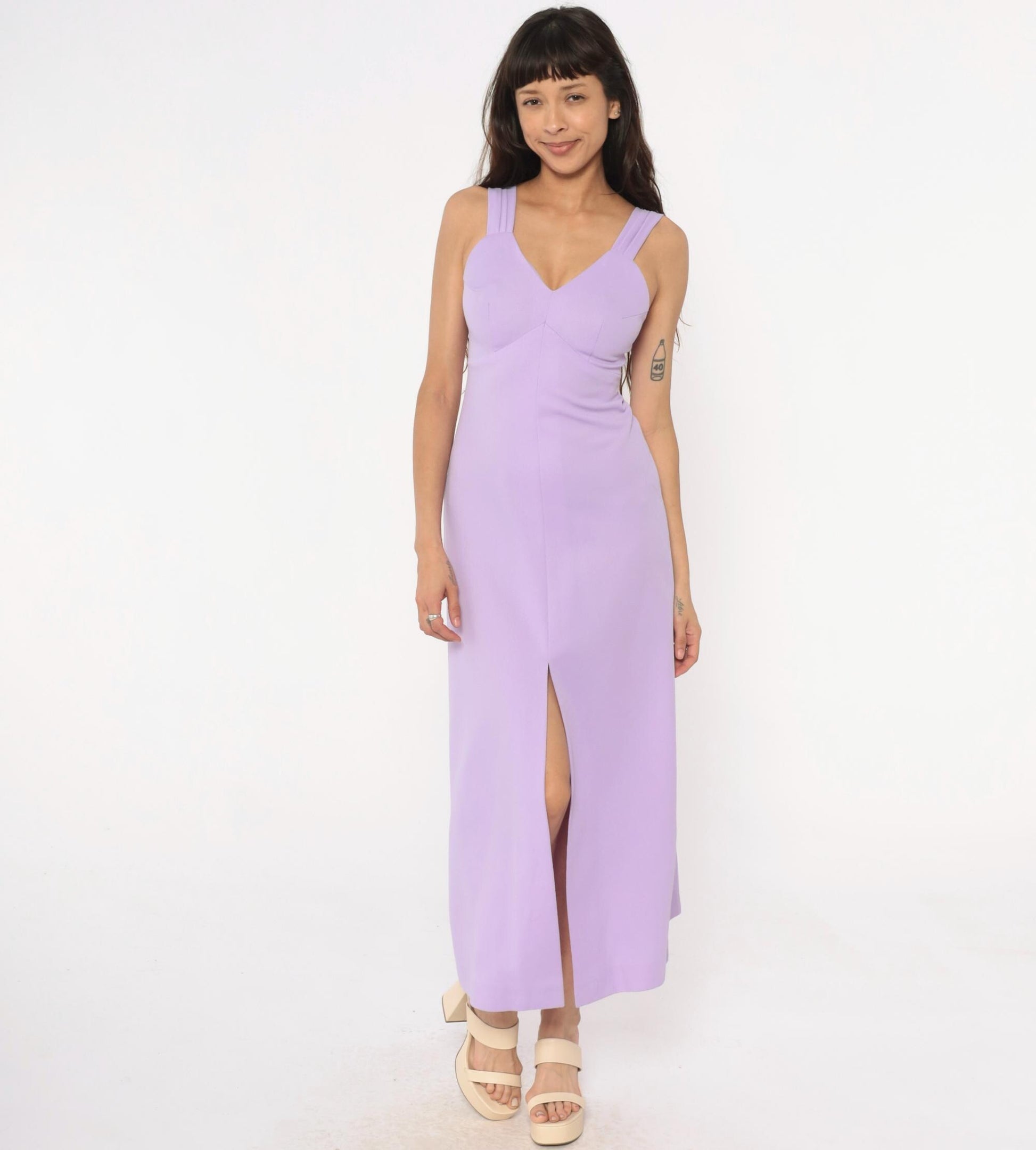 70s Lavender Maxi Dress Empire Waist Front Slit V-Neck Extra Small XS