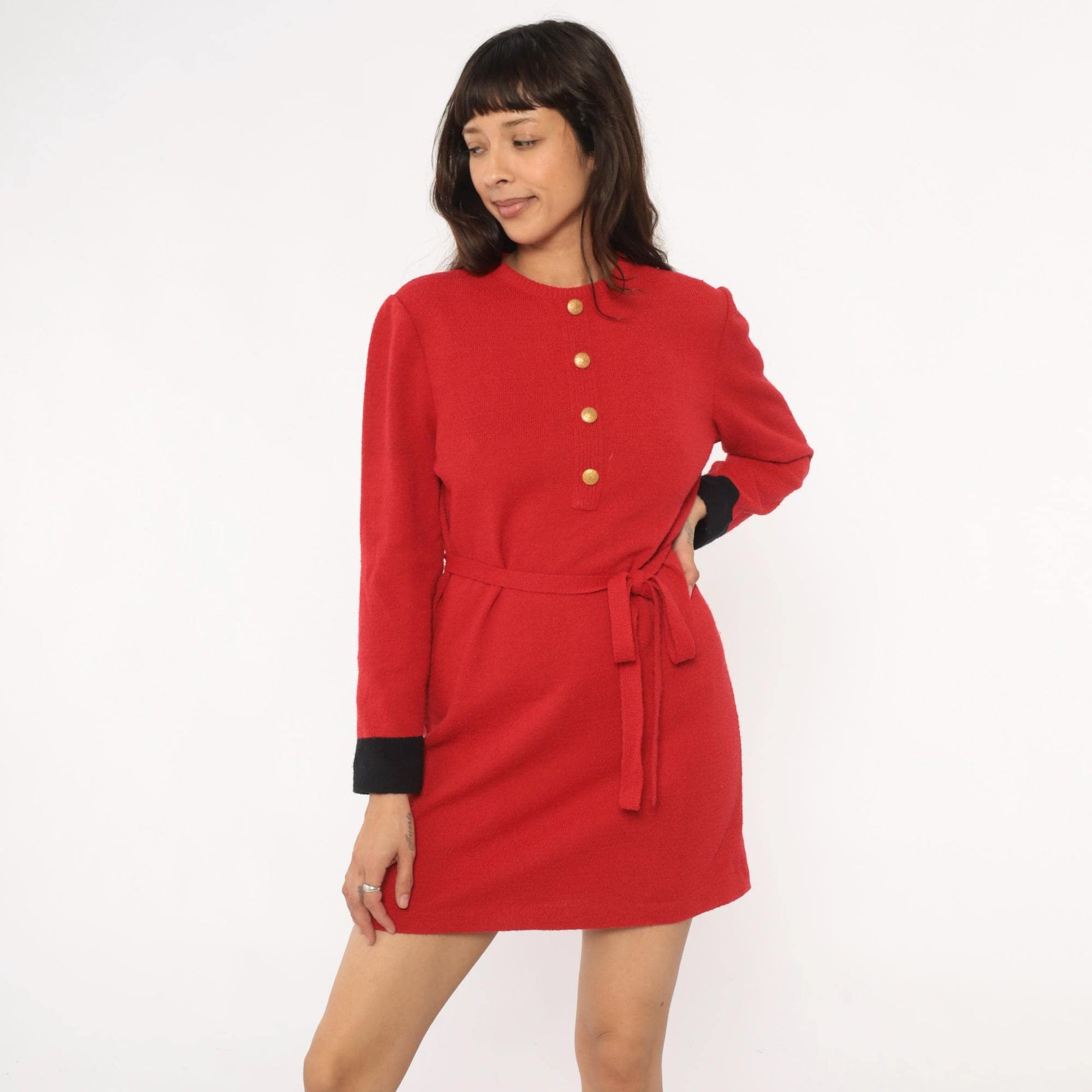 80s Castleberry Red Sweater Dress Gold Buttons Black Cuffs Tie Belt Medium