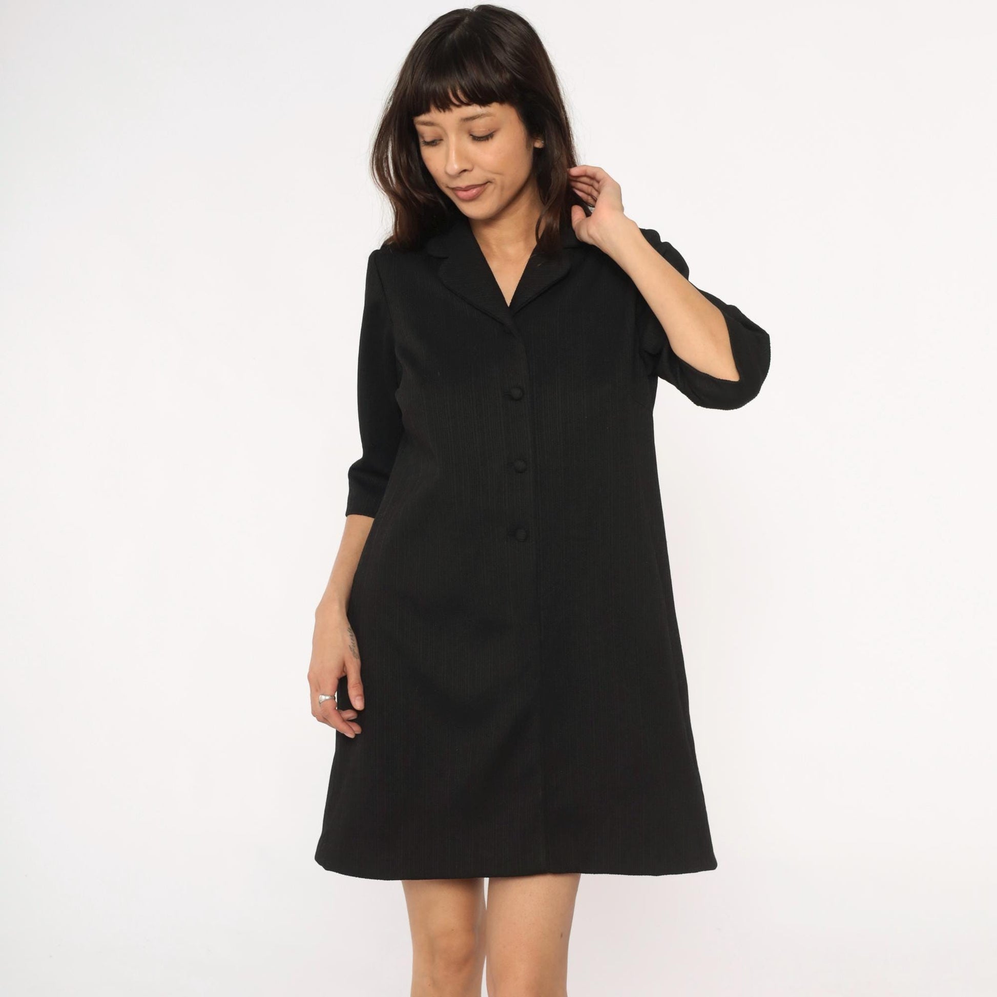 70s Black Shift Dress Button Front Lapel 3/4 Sleeve Knee Length Large