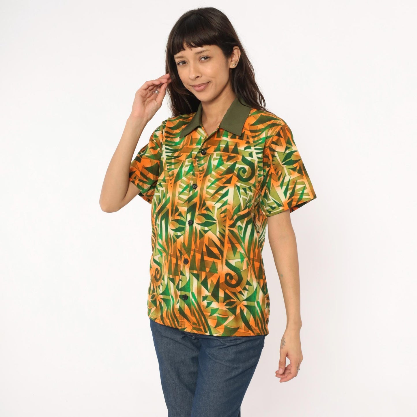 70s Psychedelic Geometric Print Shirt Orange Green Pointed Collar Medium M