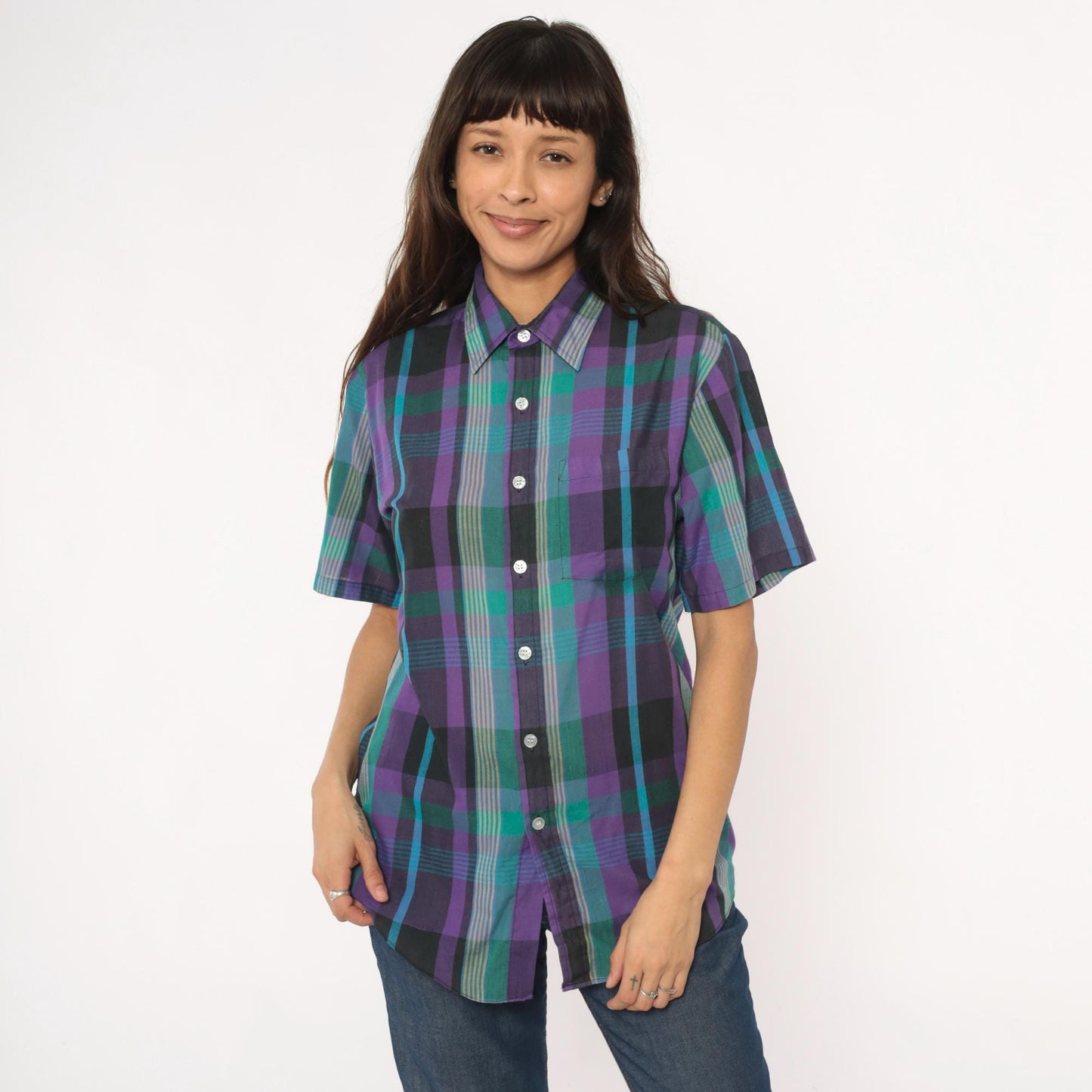 80s Plaid Button-Up Shirt Purple Green Teal Check Short Sleeve Medium