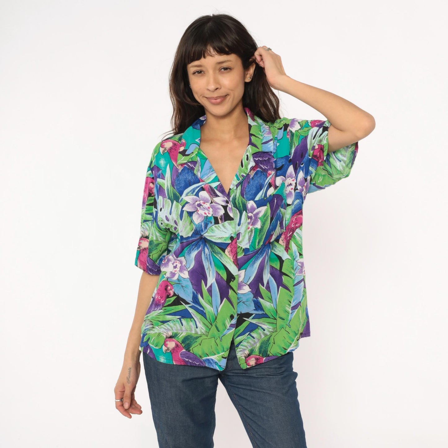 90s Spare Change California Tropical Parrot Rayon Shirt Turquoise Medium