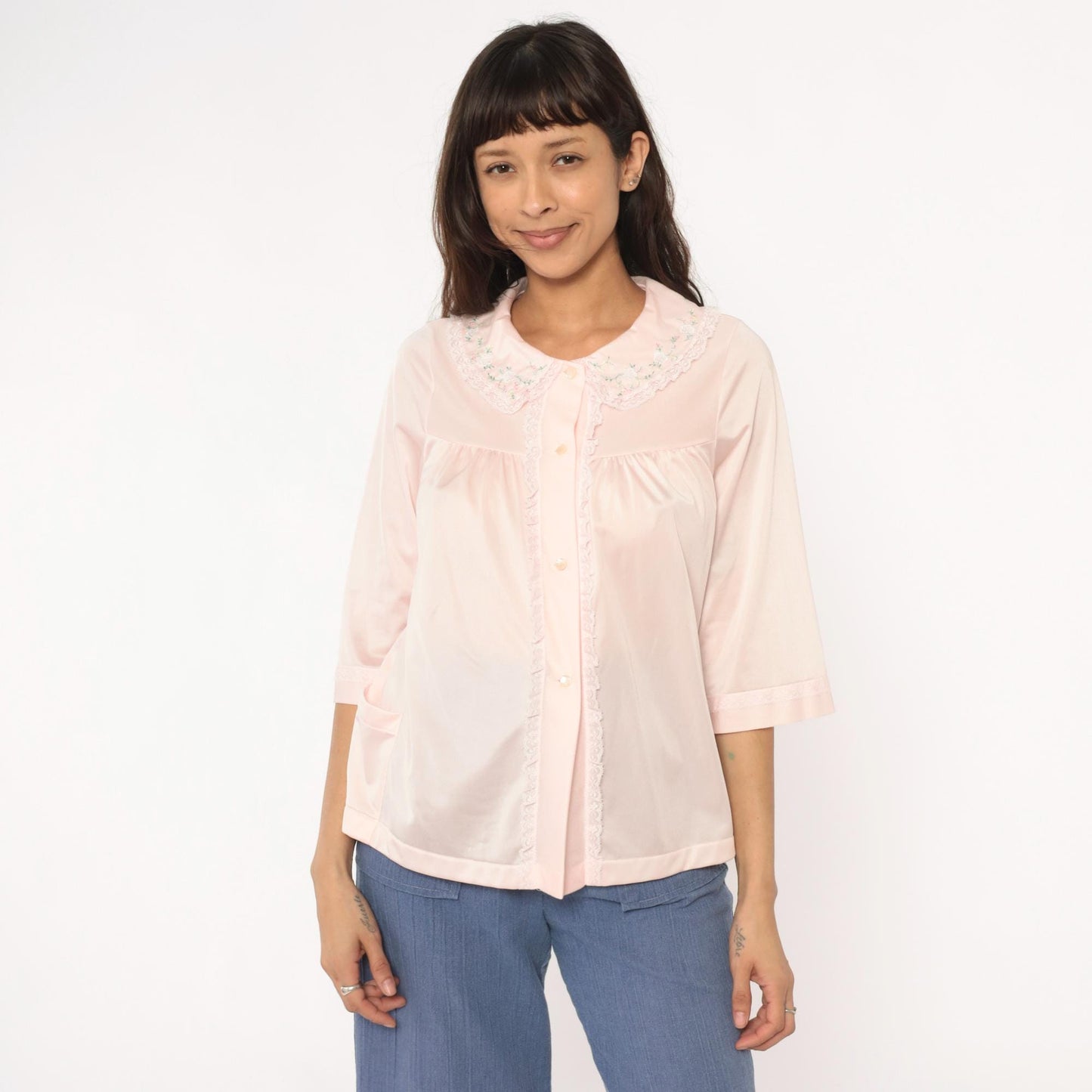 80s Shadowline Nylon Blouse Peter Pan Collar Embroidered Floral Pink Small