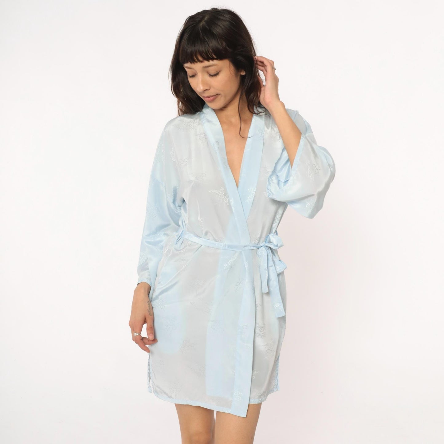 80s Pale Blue Kimono Robe Floral Print Wrap Shawl Collar Medium