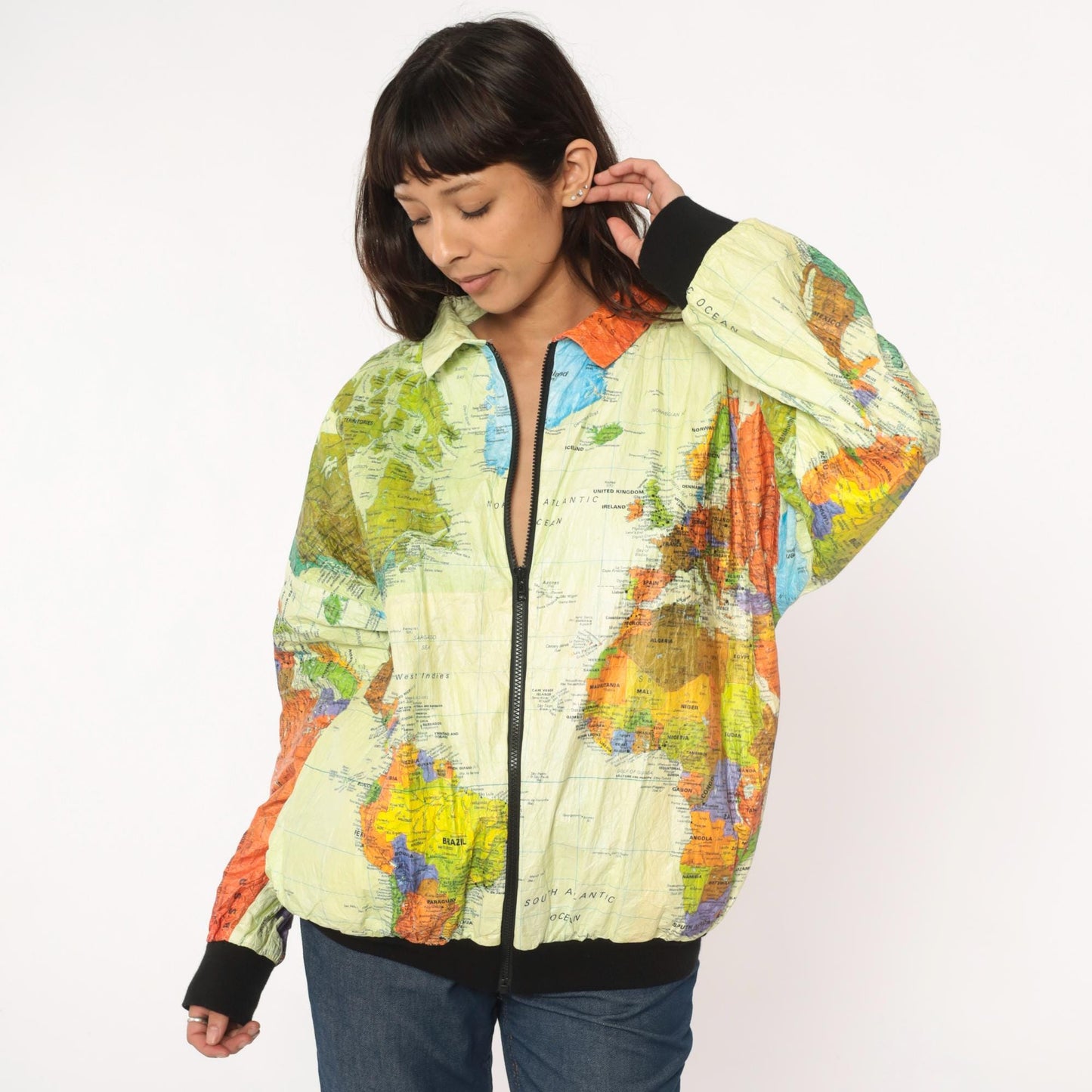 90s Admiral Ty World Map Windbreaker Jacket Tyvek Zip Multicolor Continents Extra Large XL