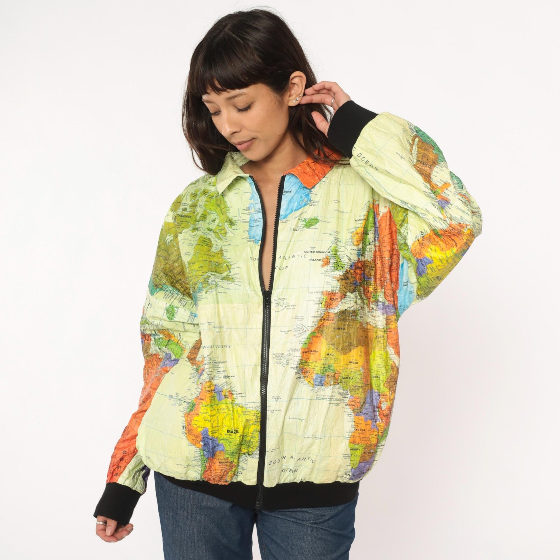 90s Admiral Ty World Map Windbreaker Jacket Tyvek Zip Multicolor Continents Extra Large XL