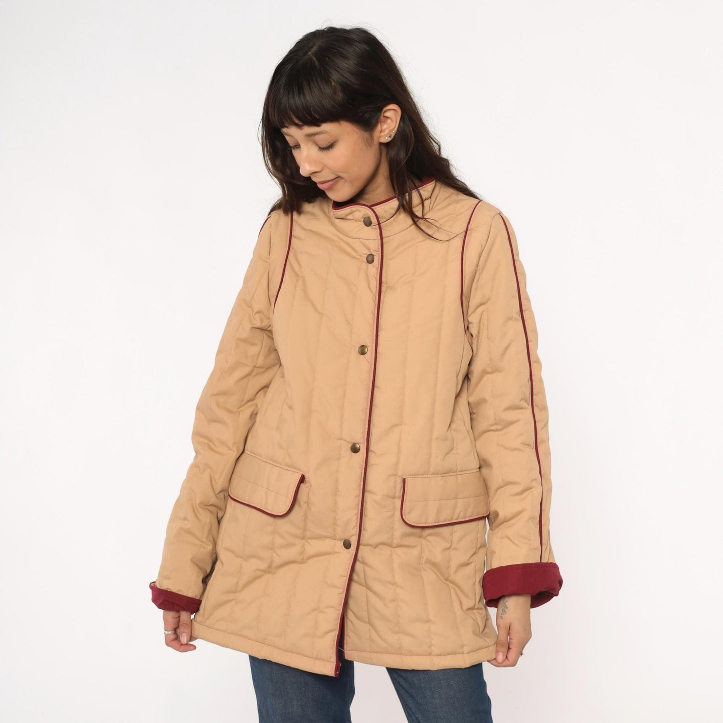 80s Saril Quilted Barn Jacket Tan Burgundy Trim Snap Front Small