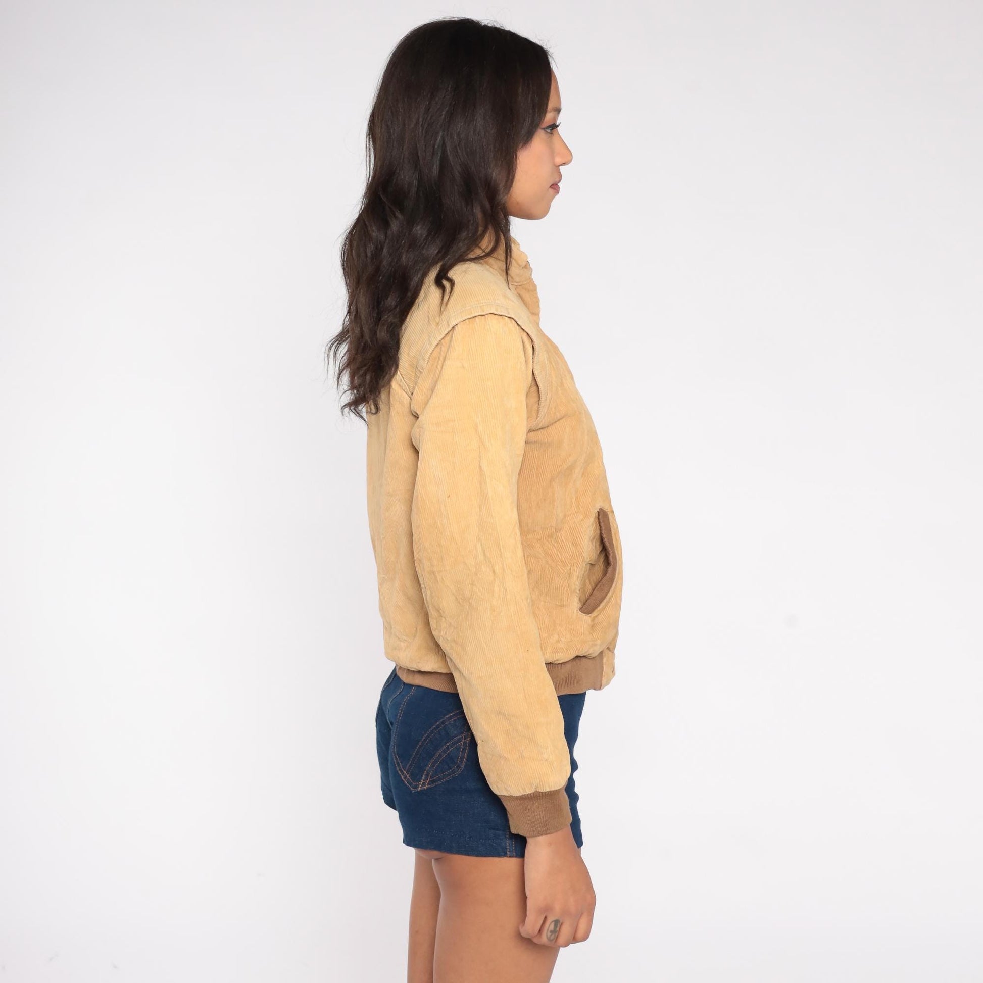 80s Tan Corduroy Bomber Jacket Zip Front Buckle Collar Extra Small XS