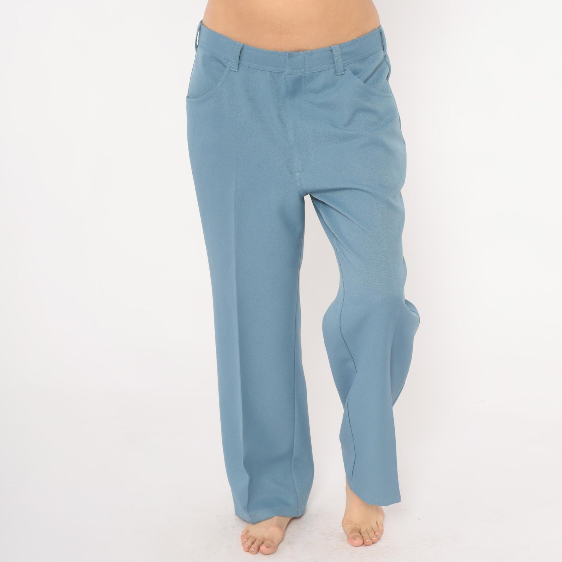 70s Scandia Woods Slate Blue Straight Leg Trousers Flat Front Chevron Stitch Mens 36