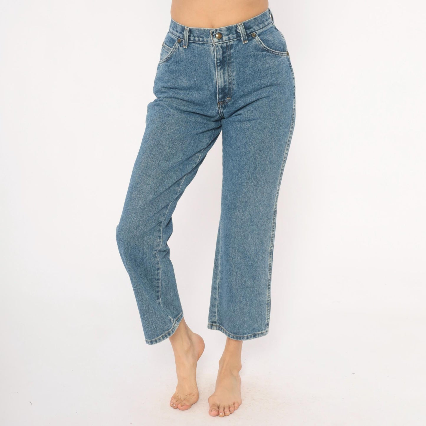 Wrangler Cropped High Rise Straight Leg Jeans Medium Stonewash Blue 00s