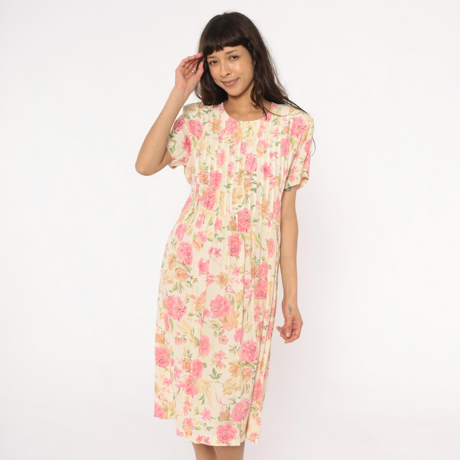 90s Teddi Floral Midi Dress Cream Pink Roses Pintuck Bodice Tie Back Large