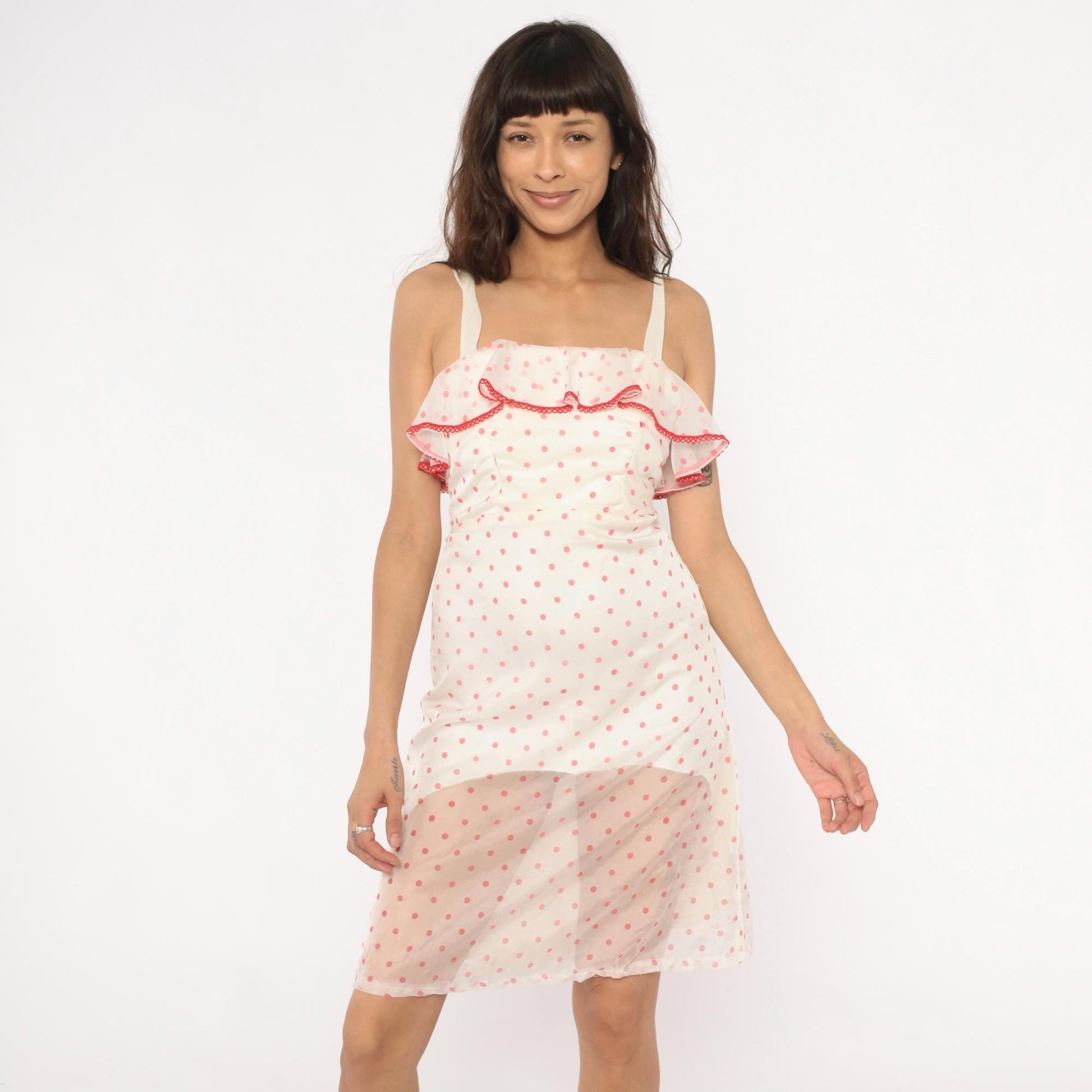 80s Pink White Polka Dot Midi Dress Red Ribbon Ruffle Spaghetti Strap Extra Small