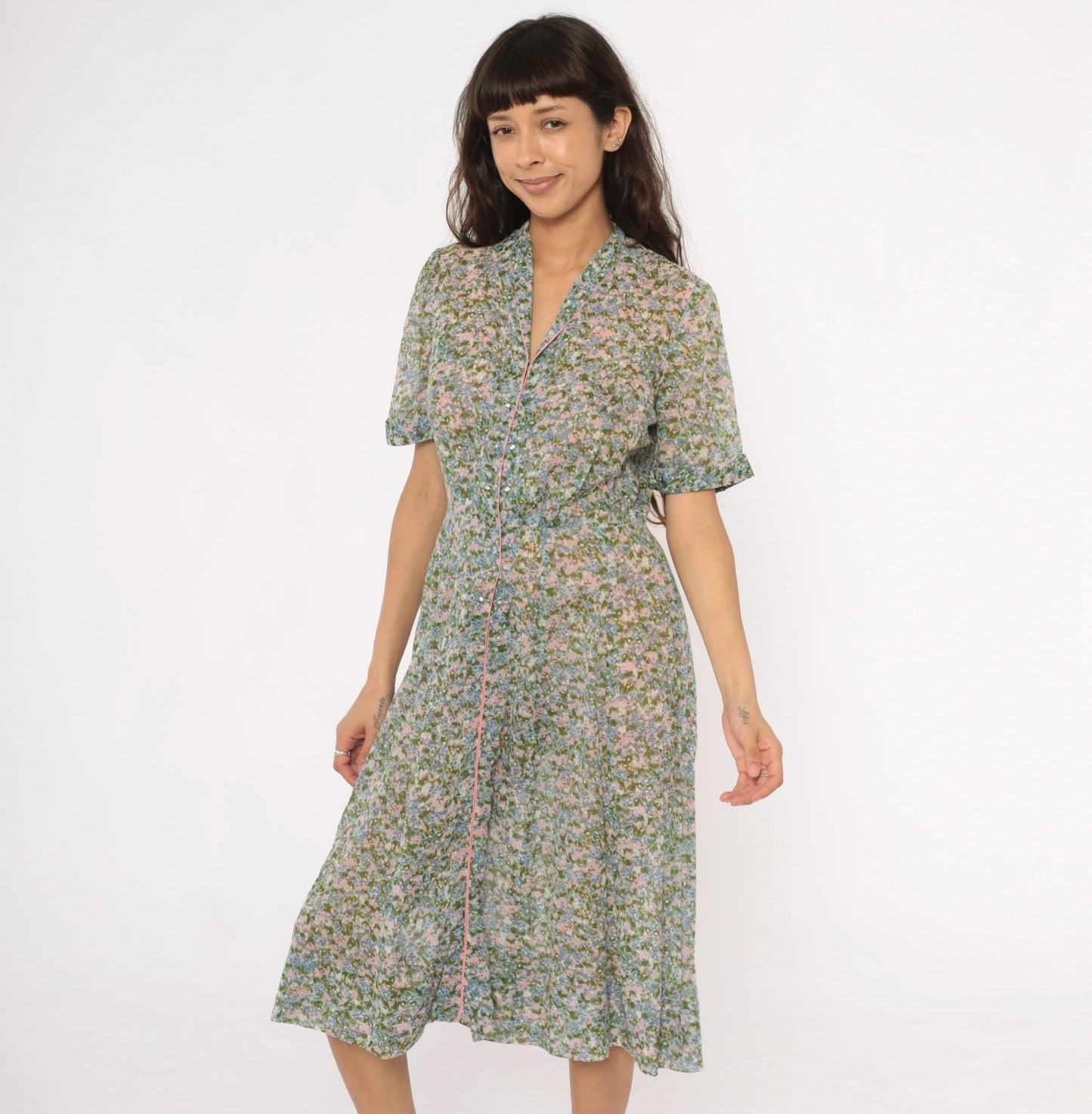 60s Laiglon Floral Midi Dress Button Front Shirtdress Cotton Medium
