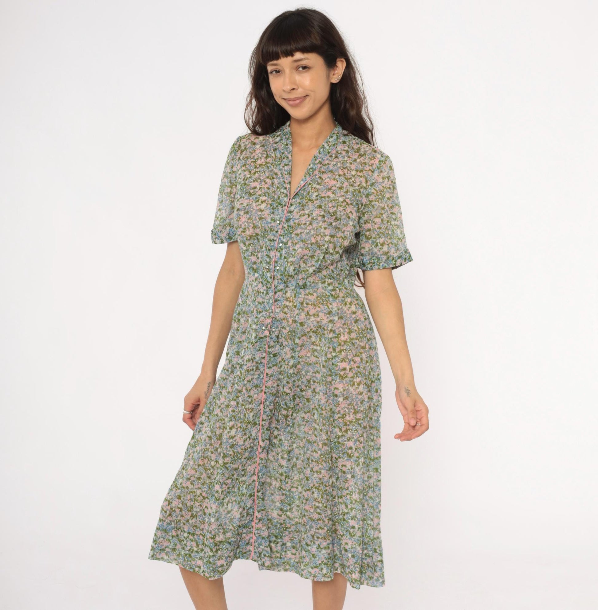60s Laiglon Floral Midi Dress Button Front Shirtdress Cotton Medium