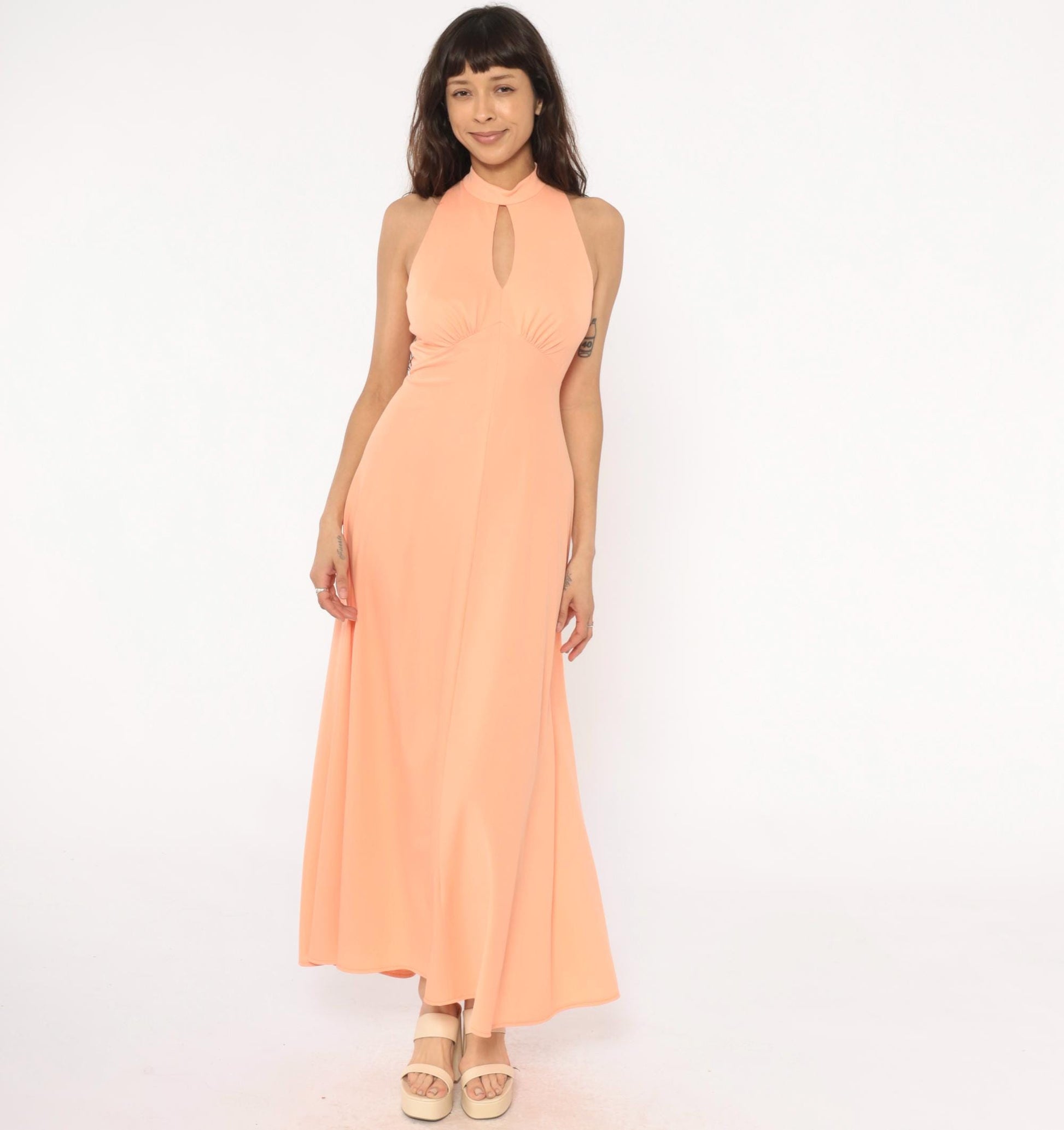 70s Peach Halter Maxi Dress Keyhole Cutout Empire Waist Small