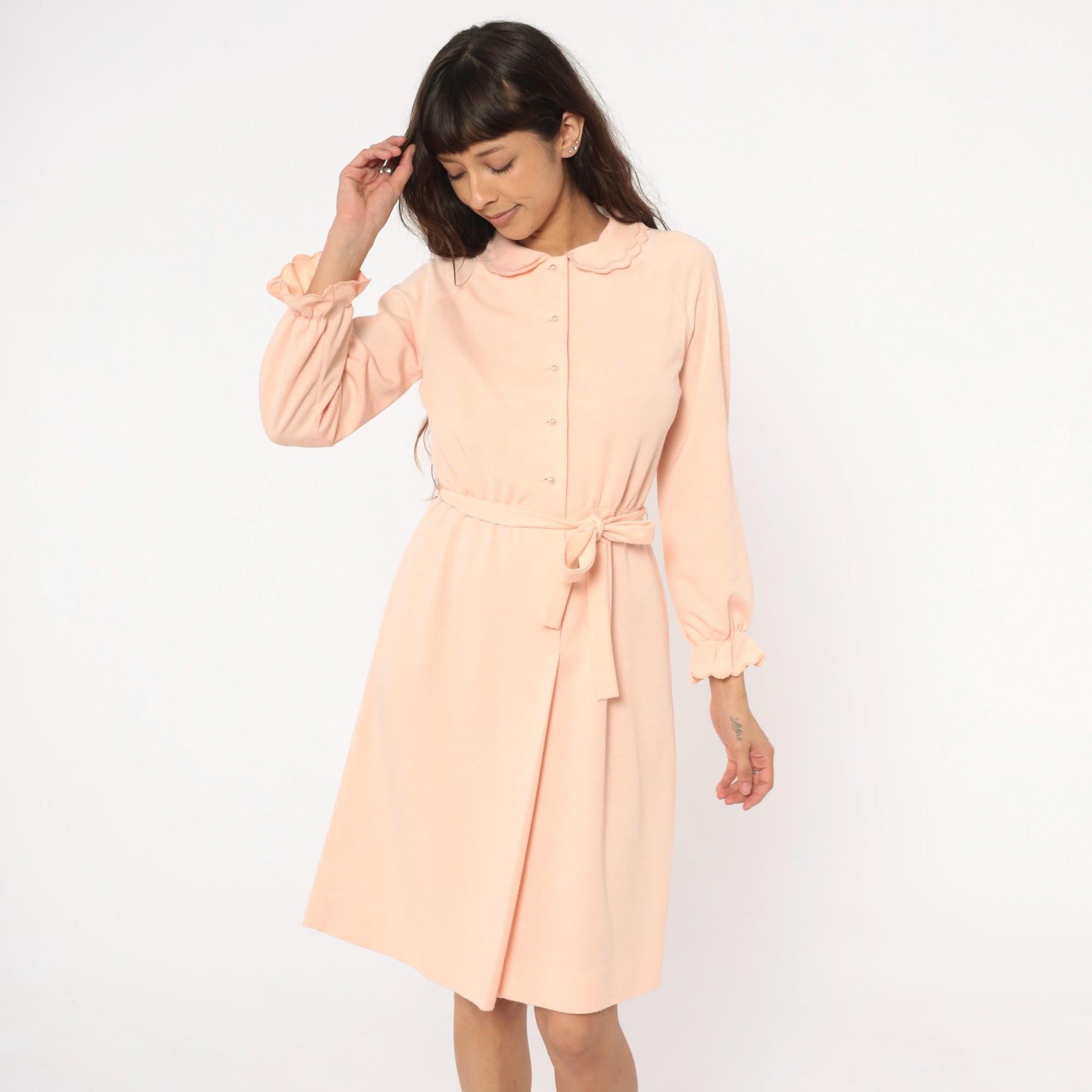 80s Leslie Fay Peach Dress Peter Pan Collar Button Front Belted Small