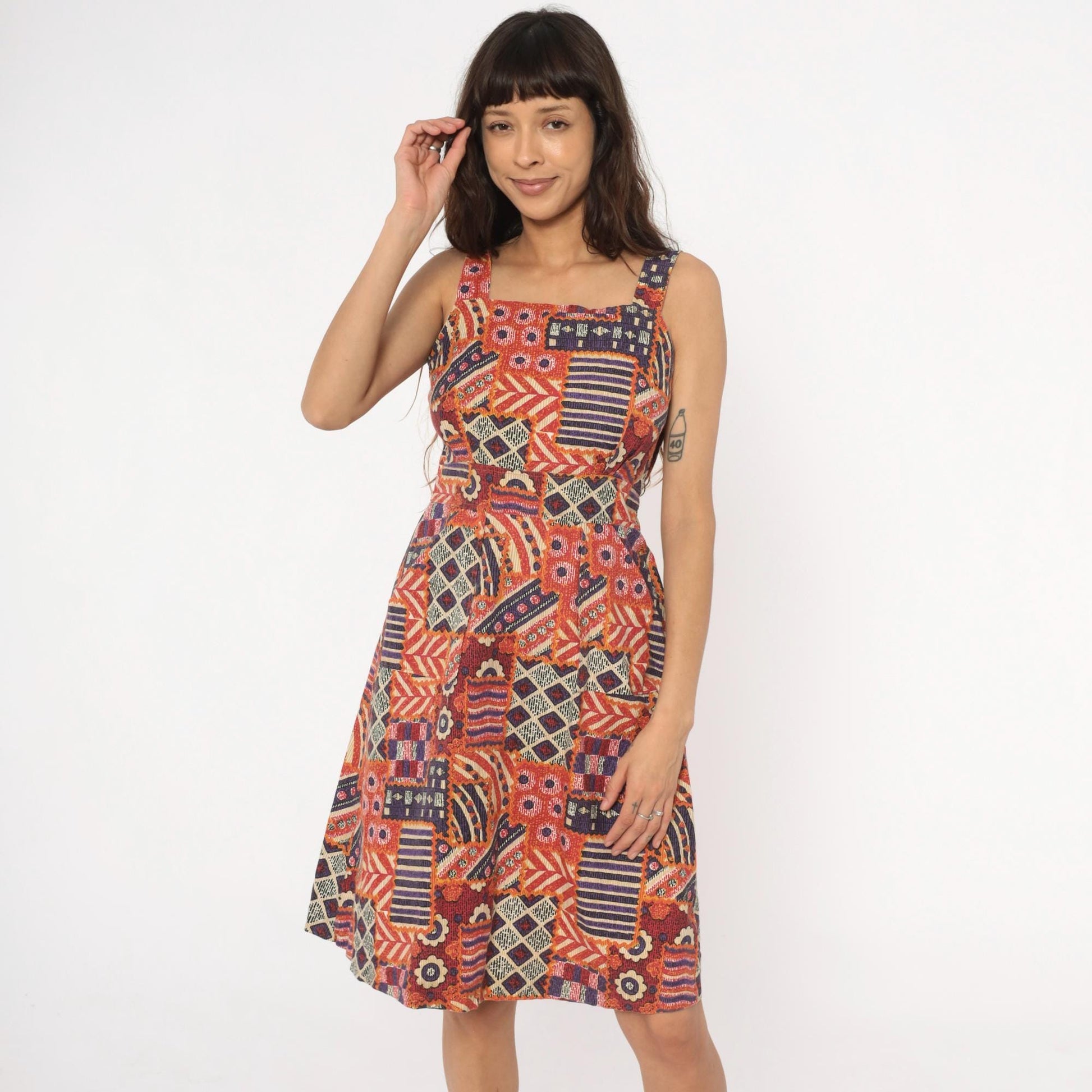 90s Geometric Patchwork Sundress Square Neck Tribal Print Small S