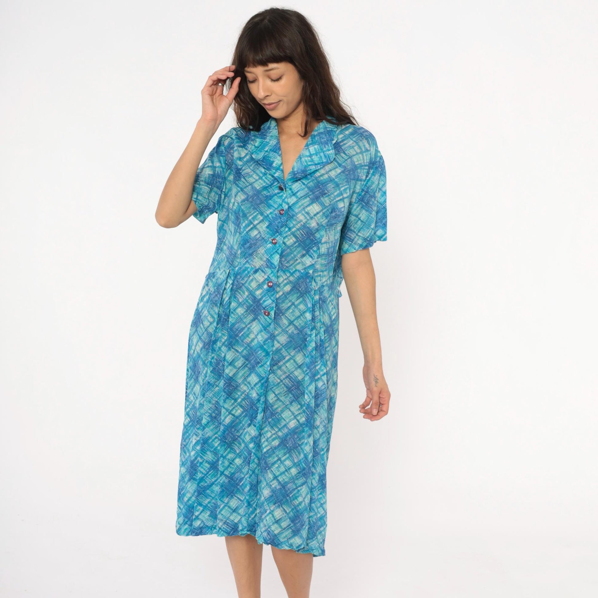 60s Blue Crosshatch Plaid Button-Front Shirtdress Short Sleeve Cotton Large L