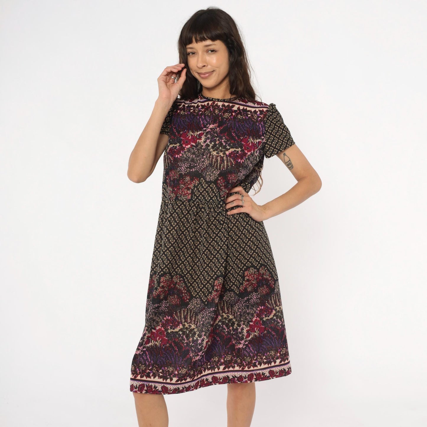 80s Mixed Print Shift Dress Keyhole Back Burgundy Purple Pink Black Medium