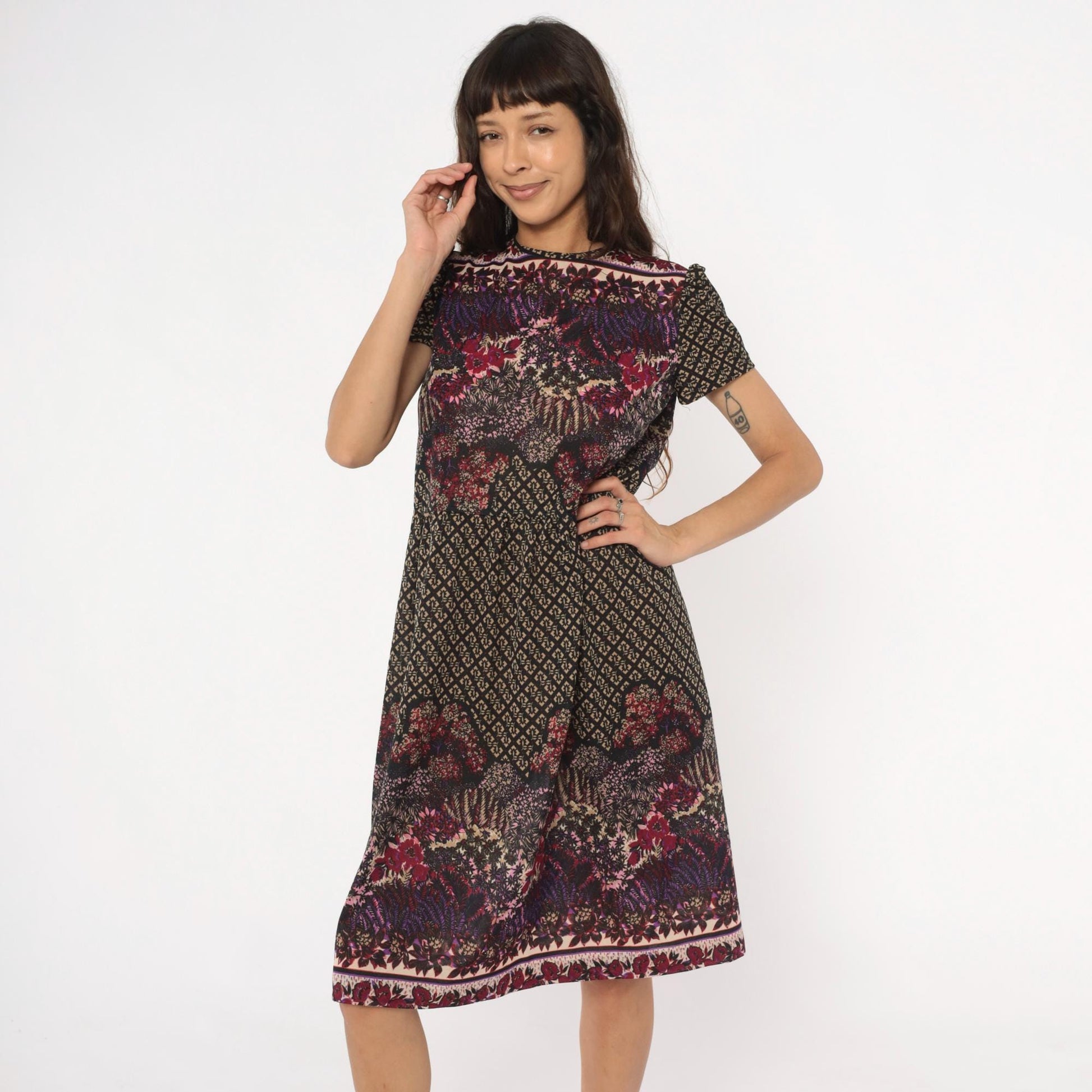 80s Mixed Print Shift Dress Keyhole Back Burgundy Purple Pink Black Medium