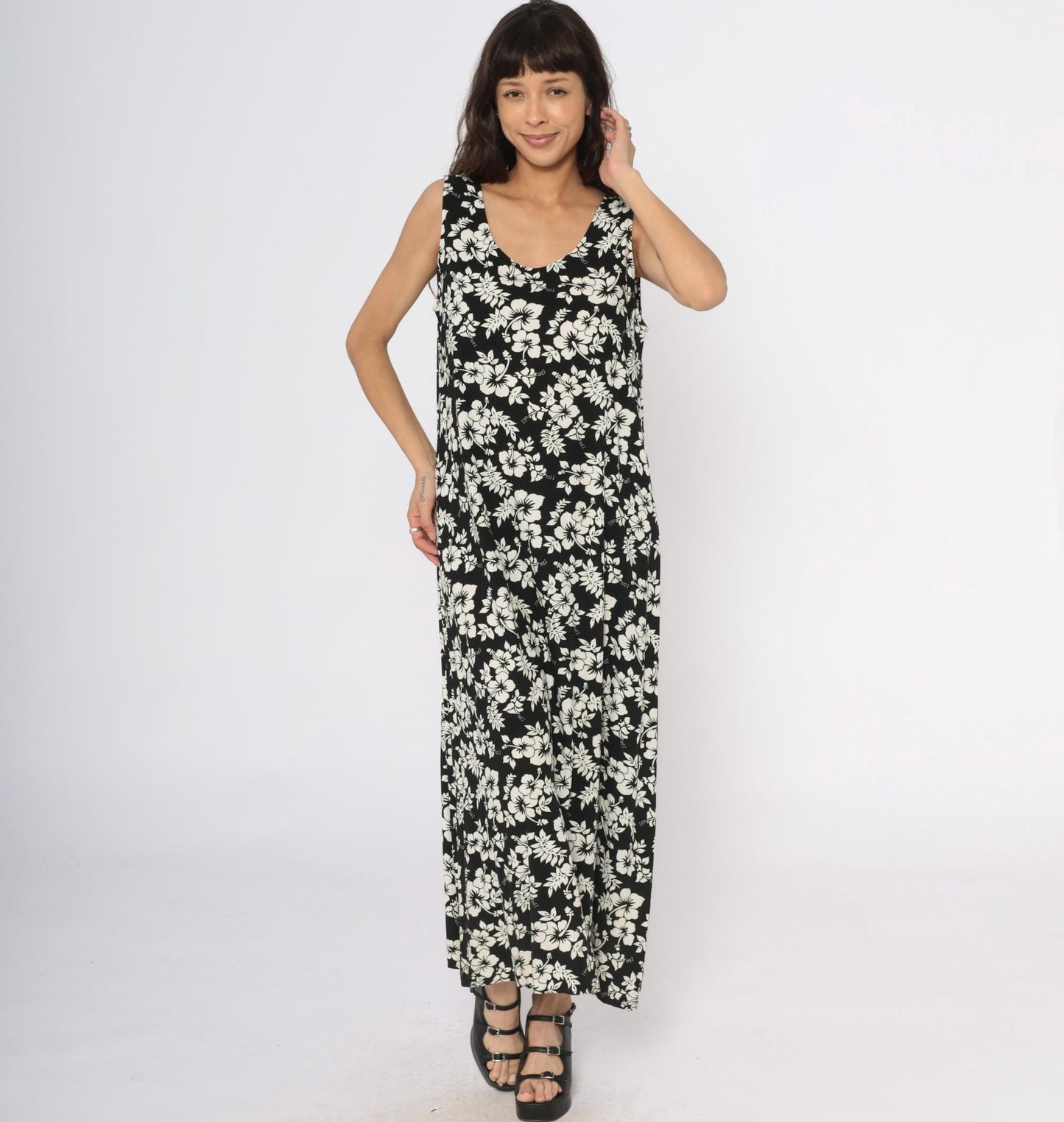 Y2K Josephine Chaus Black Maxi Dress Hibiscus Floral Print Large L