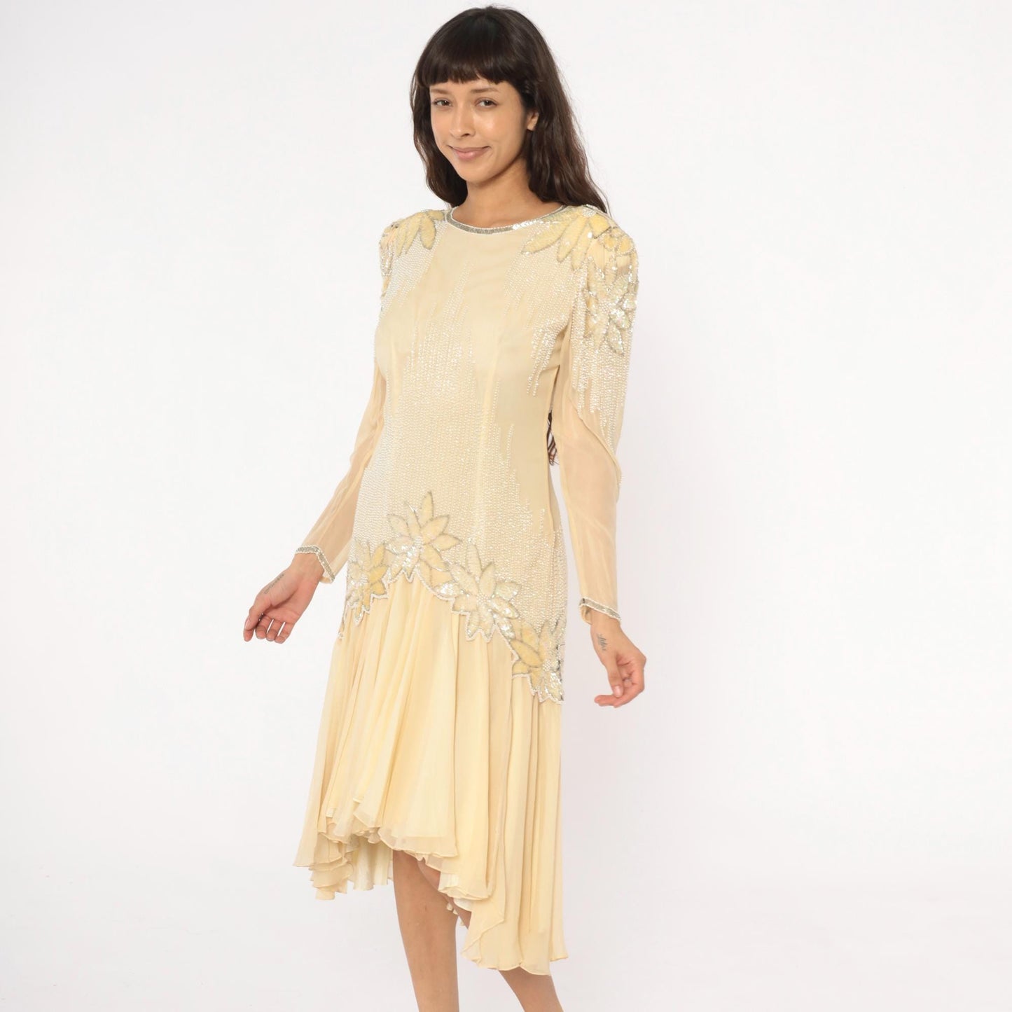 80s Sho Max Originals Silk Dress Beaded Drop Waist Cream Medium M