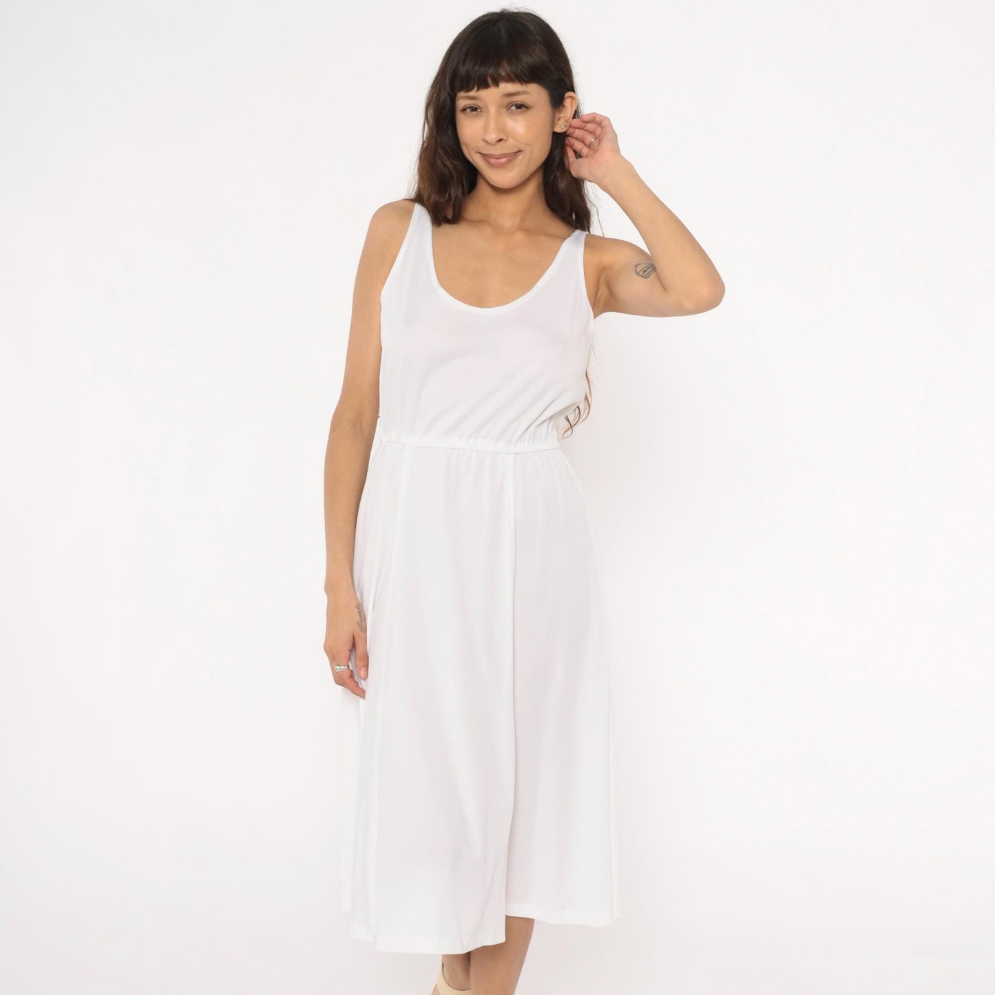70s White Midi Dress Elastic Waist Scoop Neck A-Line Tank Strap Medium M