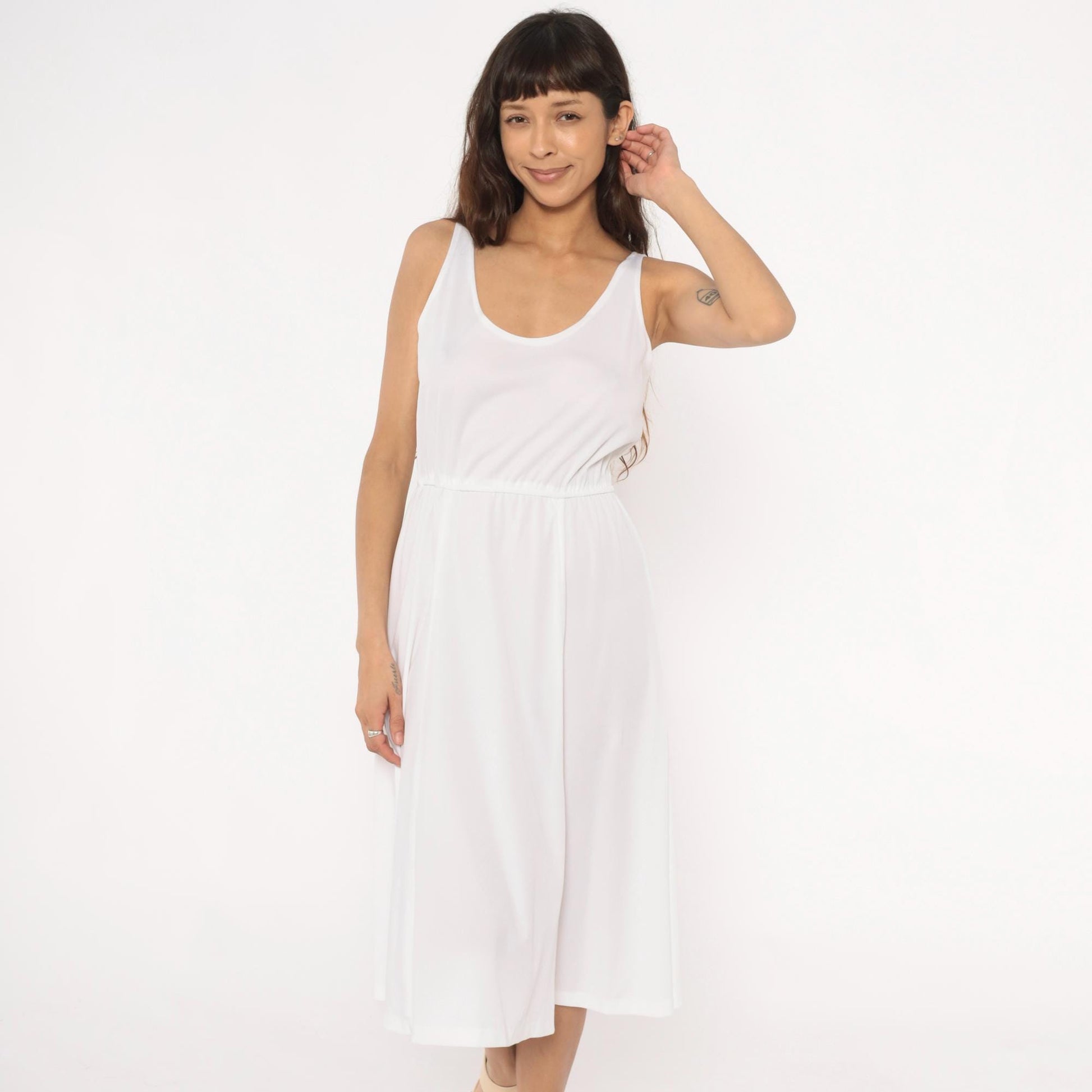 70s White Midi Dress Elastic Waist Scoop Neck A-Line Tank Strap Medium M