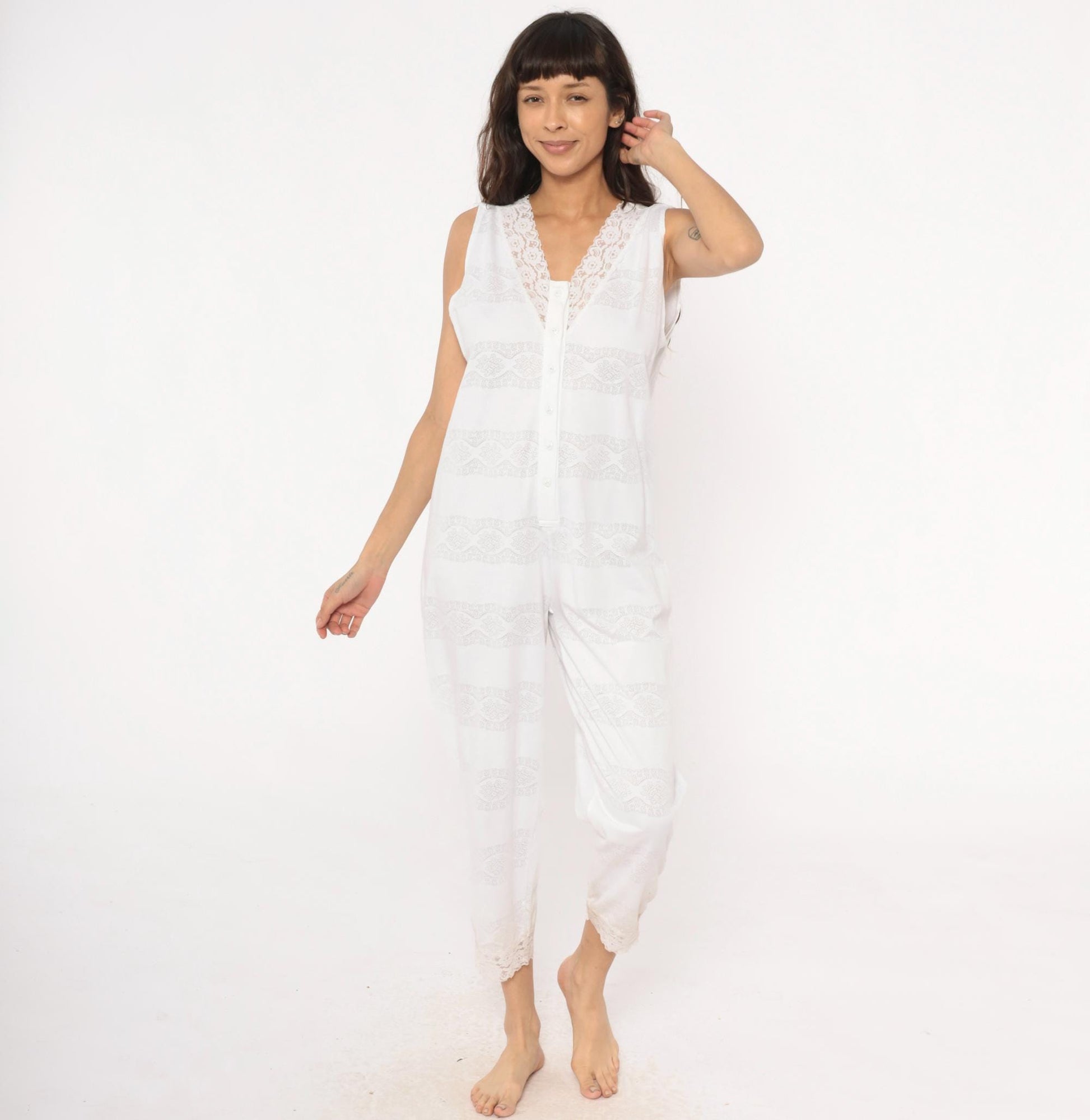 90s Candies White Lace Sleeveless Jumpsuit Cropped Ankle Cotton Medium M