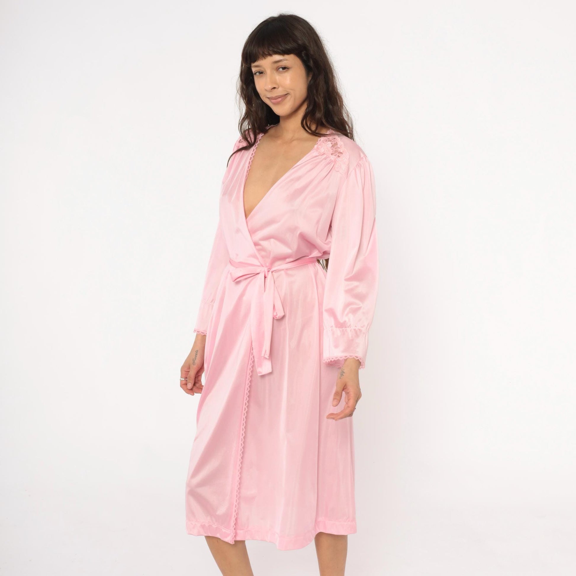 70s Lorraine Pink Lace Wrap Robe V-Neck Tie Front Lingerie Medium M