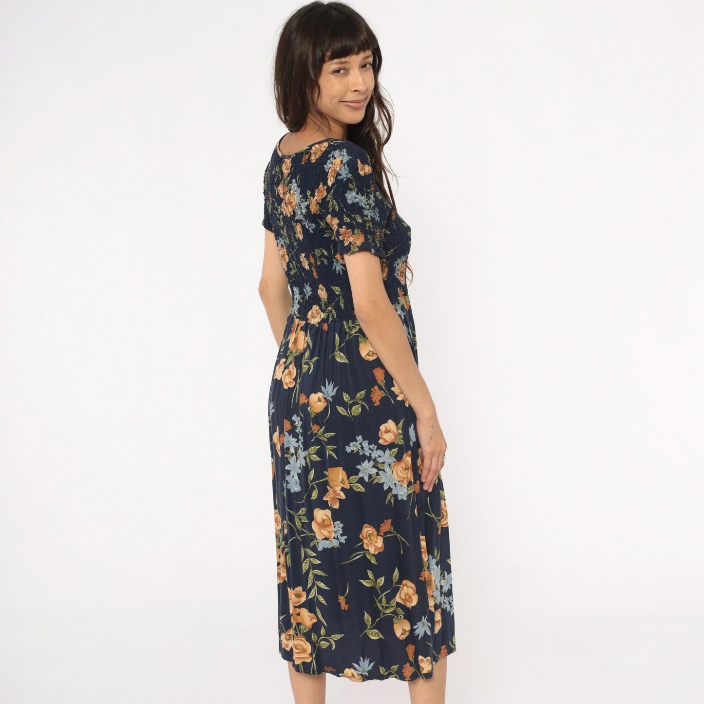 90s Impressions Navy Floral Midi Dress Smocked Empire Waist Short Sleeve Large L